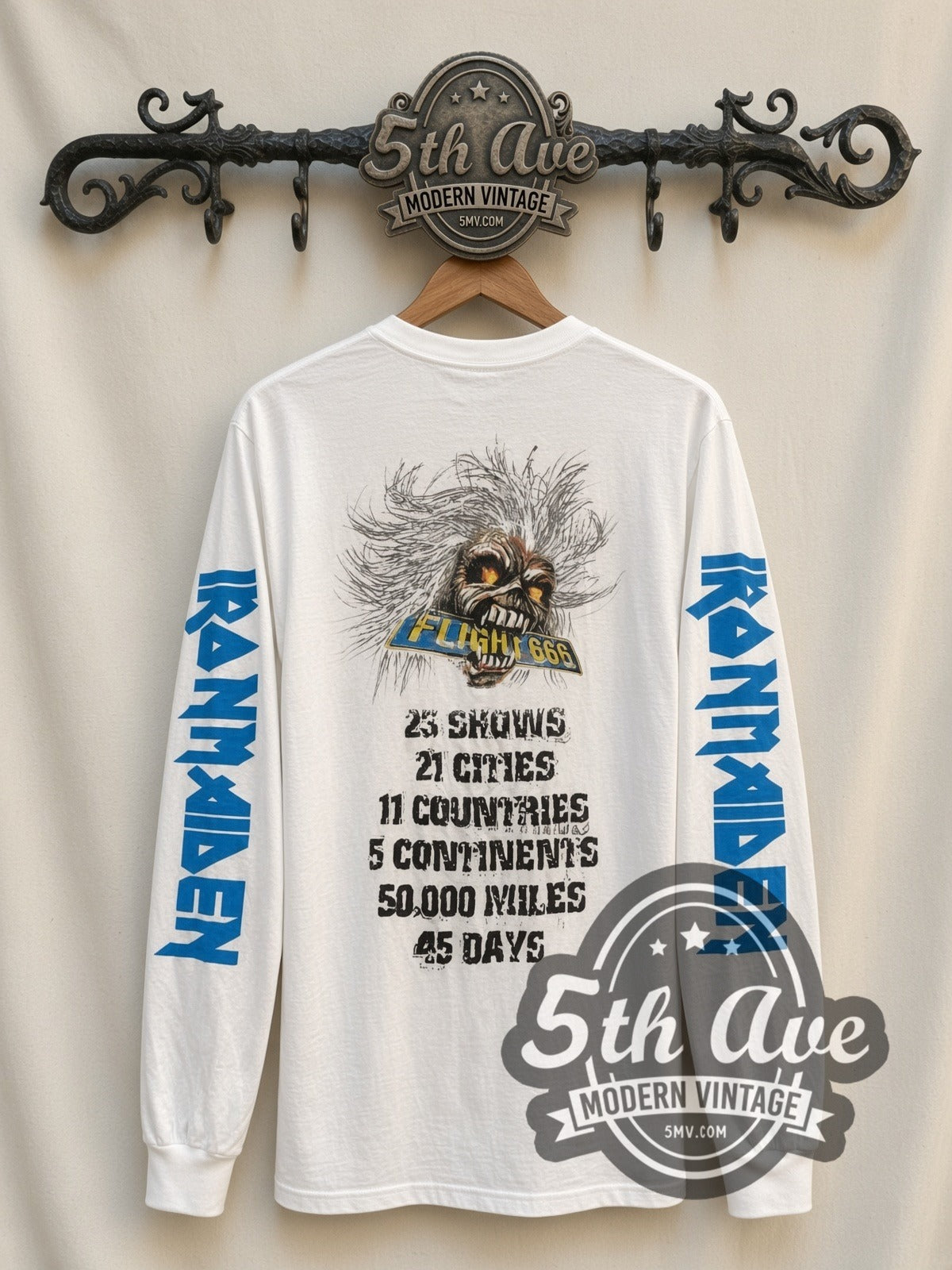 Iron Maiden Flight 666 vintage band long sleeve t-shirt in white, back view on a display rack