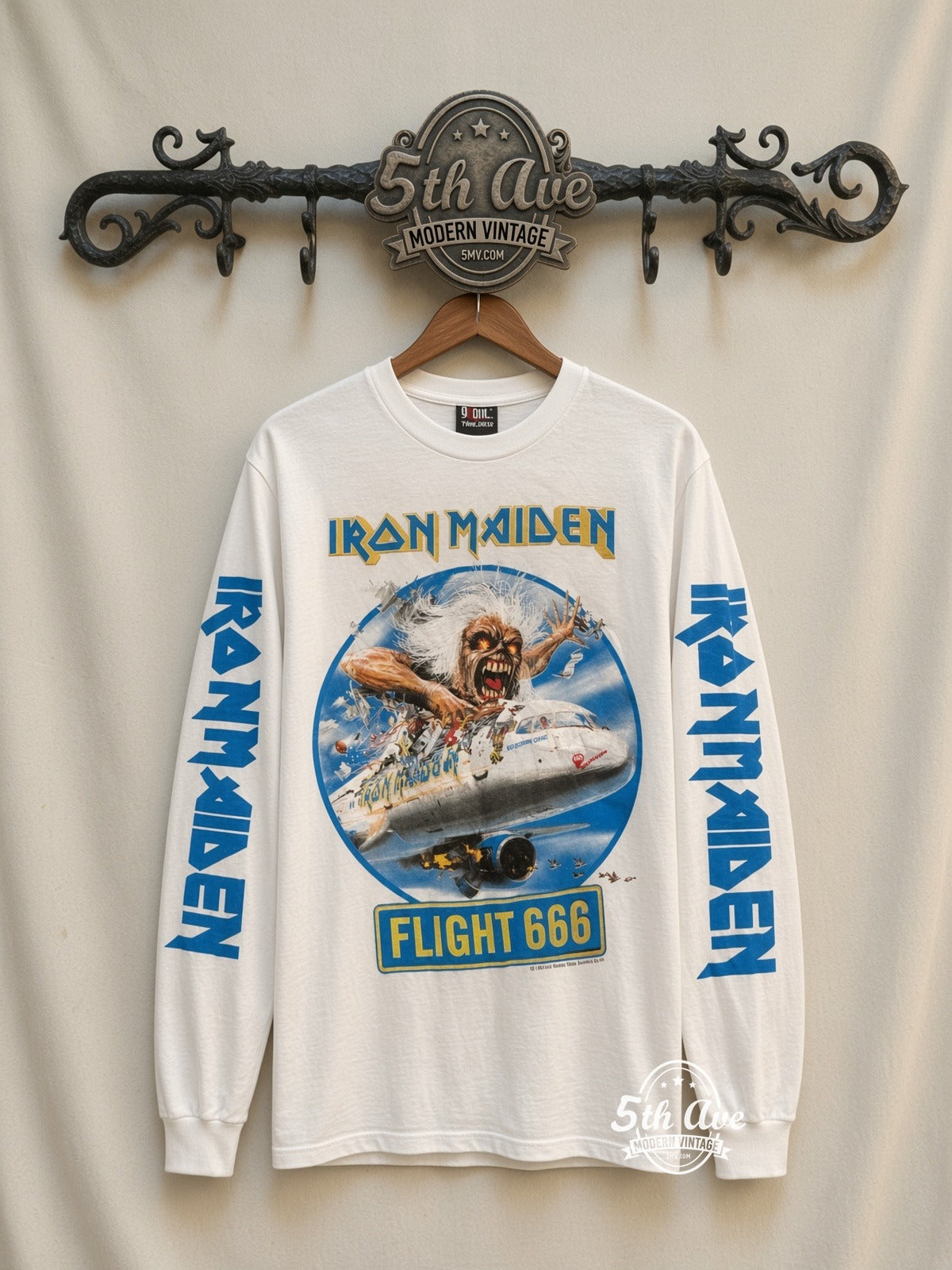 ETS LS 88 Iron Maiden Flight 666 long sleeve vintage tee on rack, front