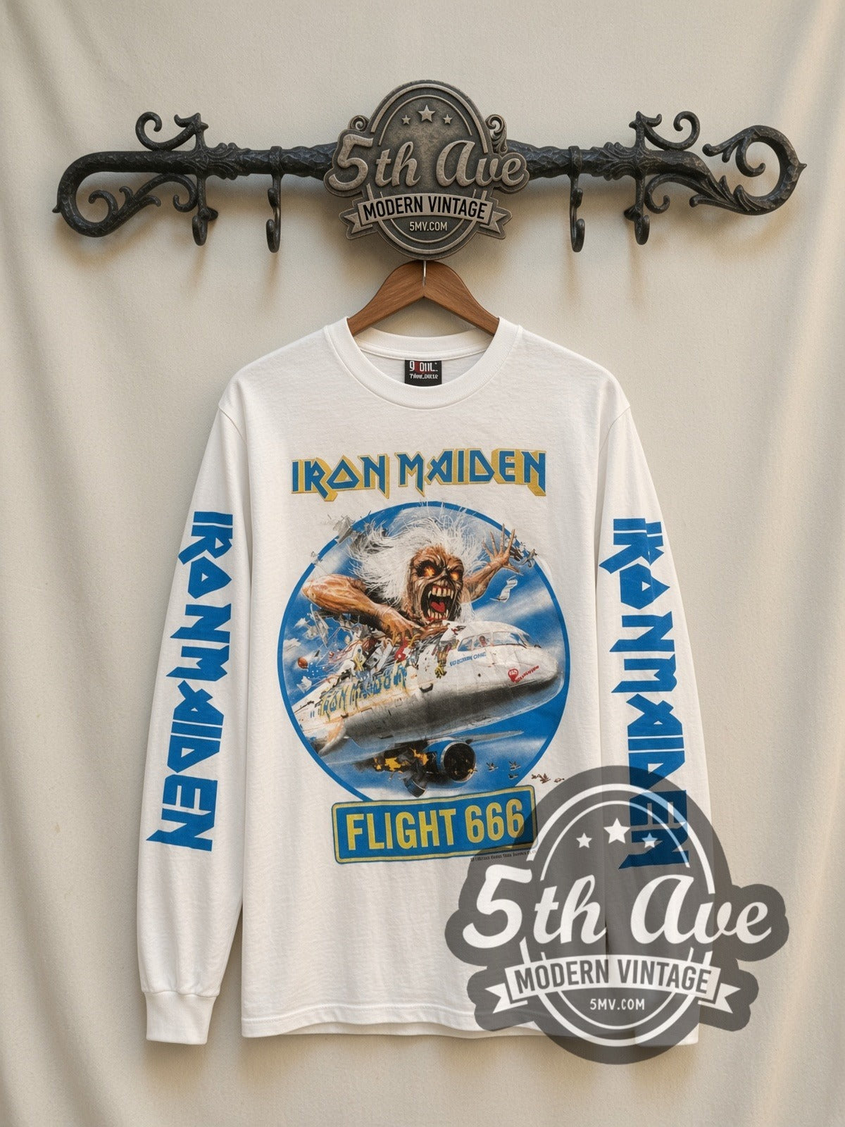 Iron Maiden Flight 666 vintage band long sleeve t-shirt in white, front view on a display rack
