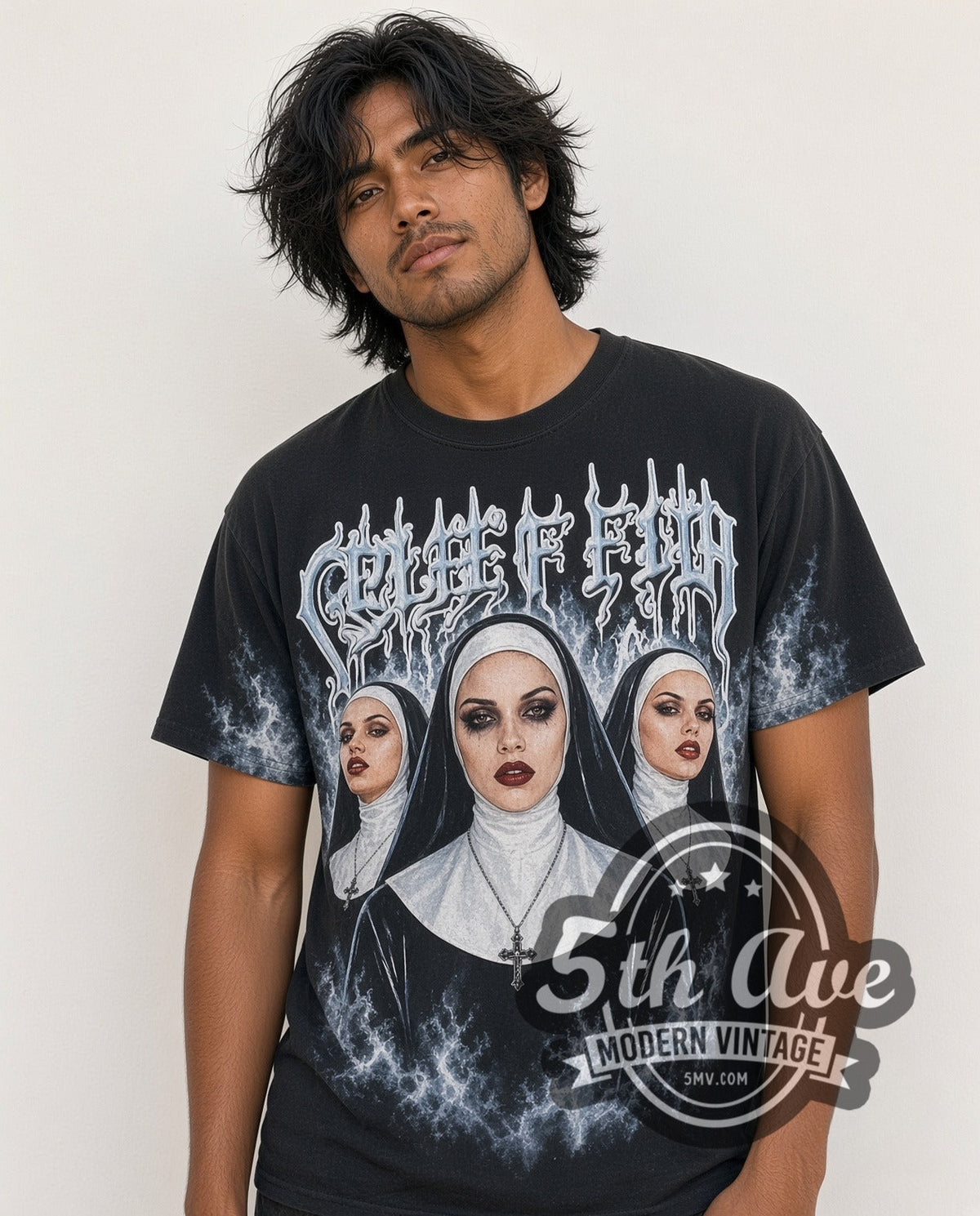 Model wearing the Cradle of Filth Her Ghost Nuns all-over-print vintage band t-shirt in black