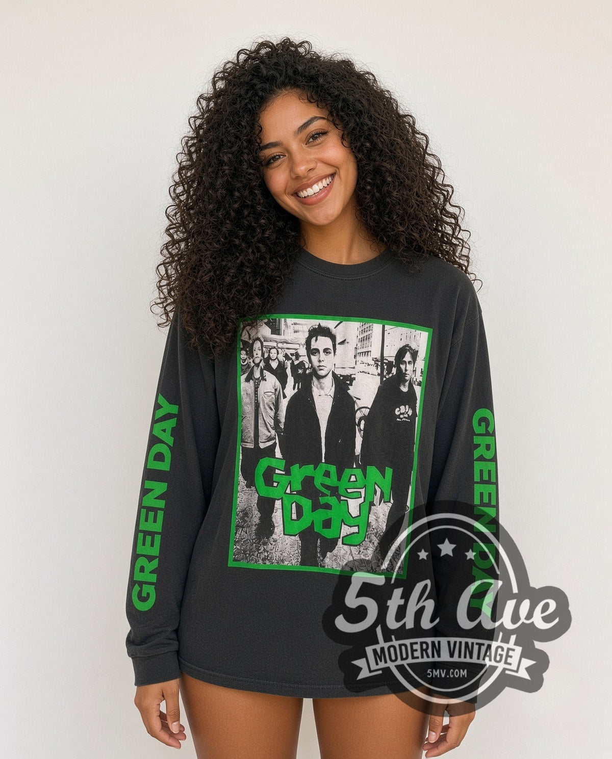 Model wearing the Green Day Band Street Photo Dookie Cartoon long sleeve vintage band t-shirt in black