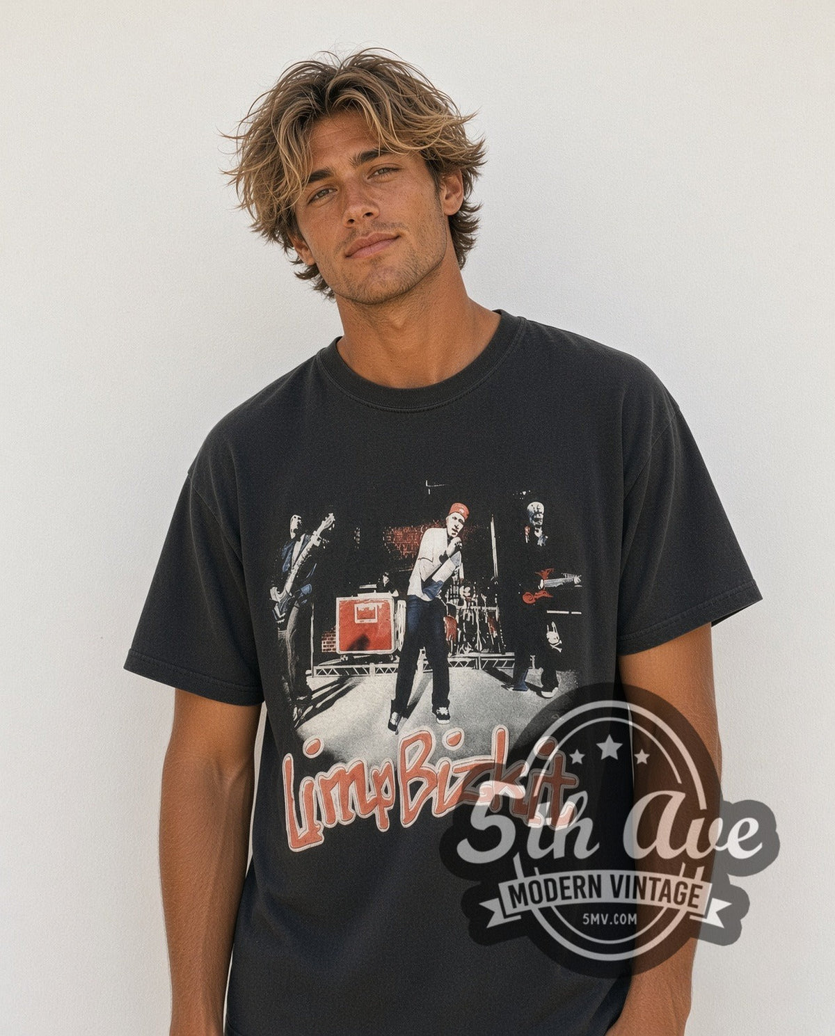 Model wearing the Limp Bizkit Nookie vintage band t-shirt in black