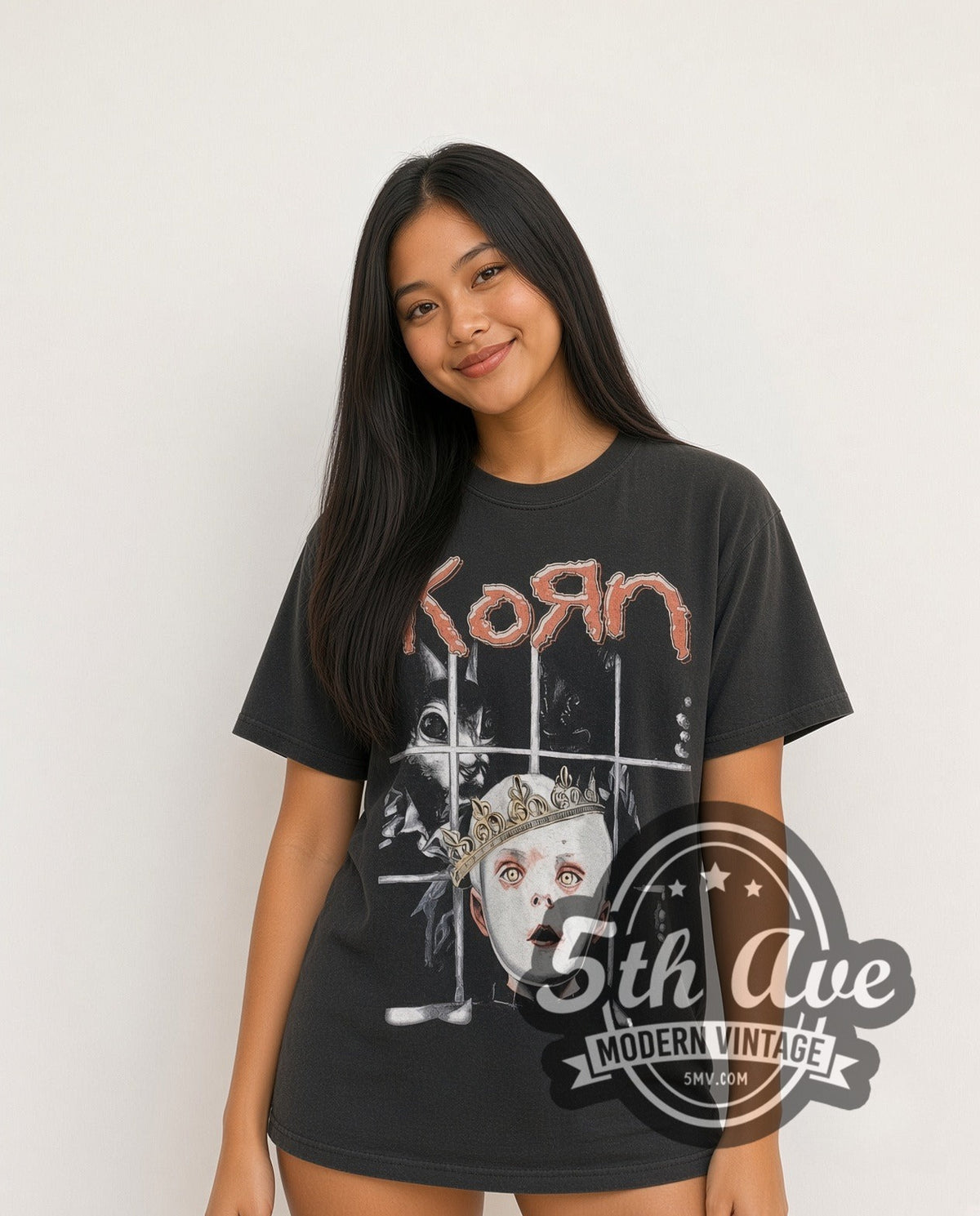 Model wearing the Korn See You on the Other Side vintage band t-shirt in black