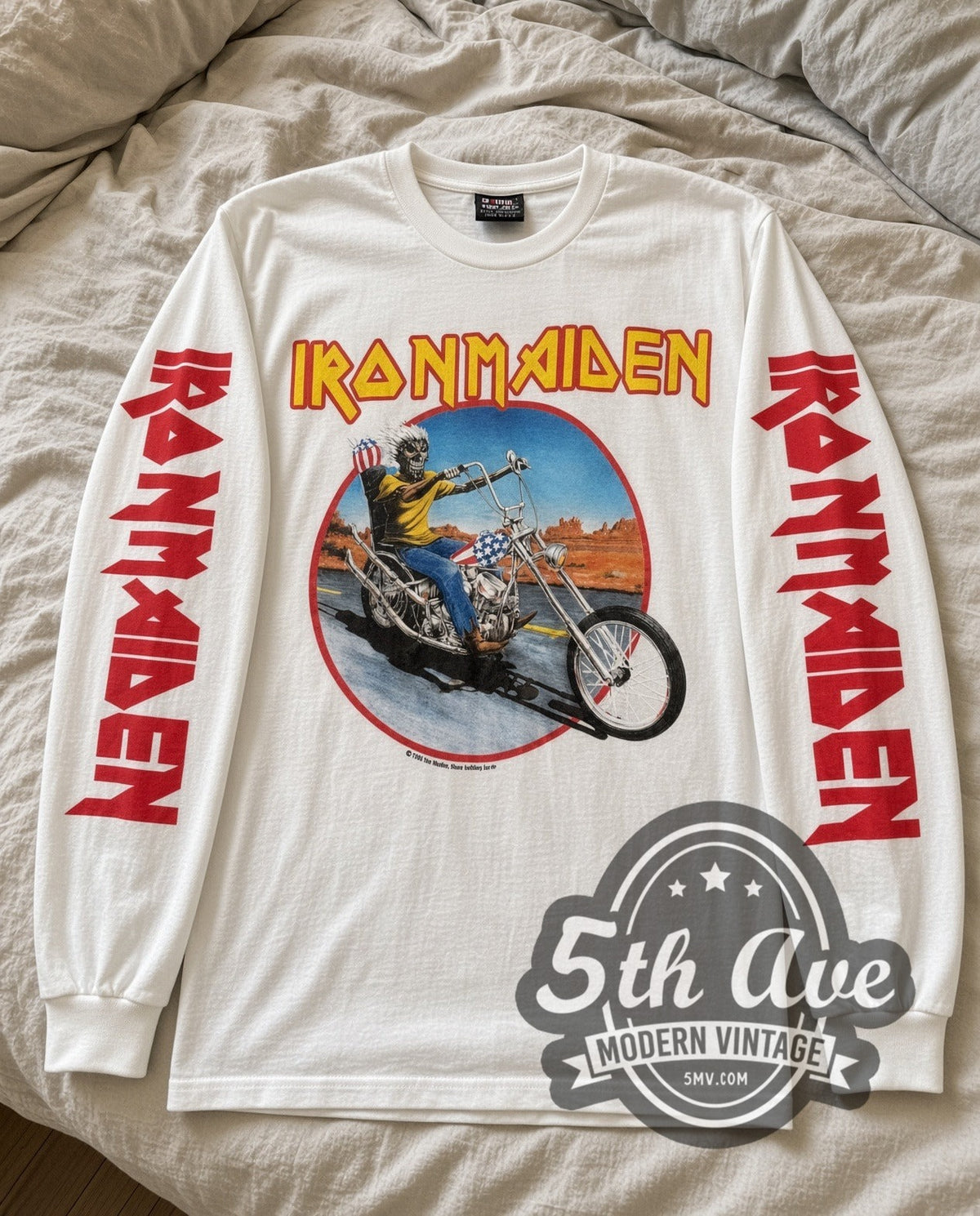 Iron Maiden Eddie Motorcycle vintage band long sleeve tee in white laid flat