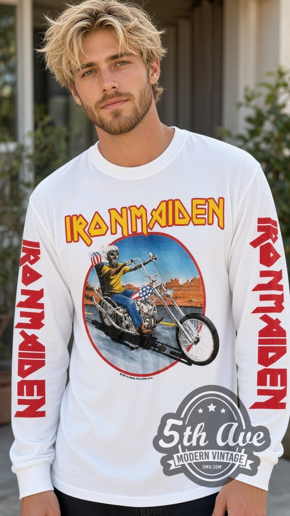 Model wearing the Iron Maiden Eddie Motorcycle vintage band long sleeve t-shirt in white