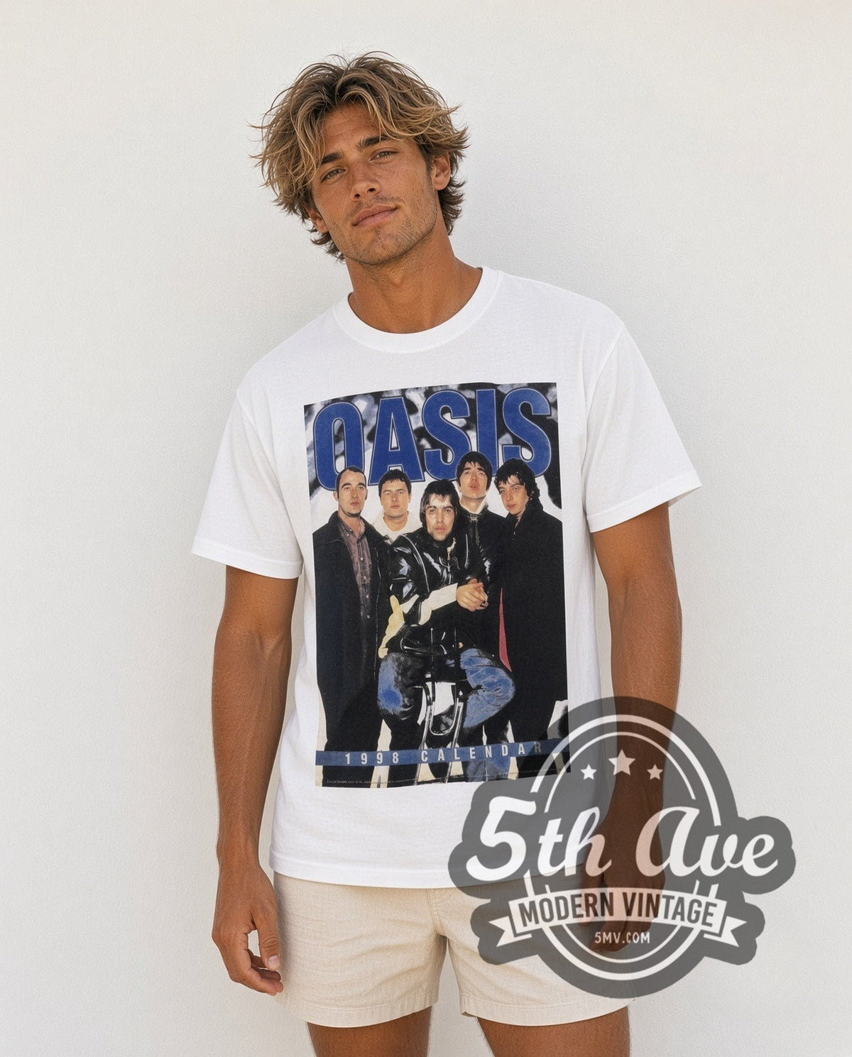 Model wearing the Oasis Tour Calendar vintage band t-shirt in white