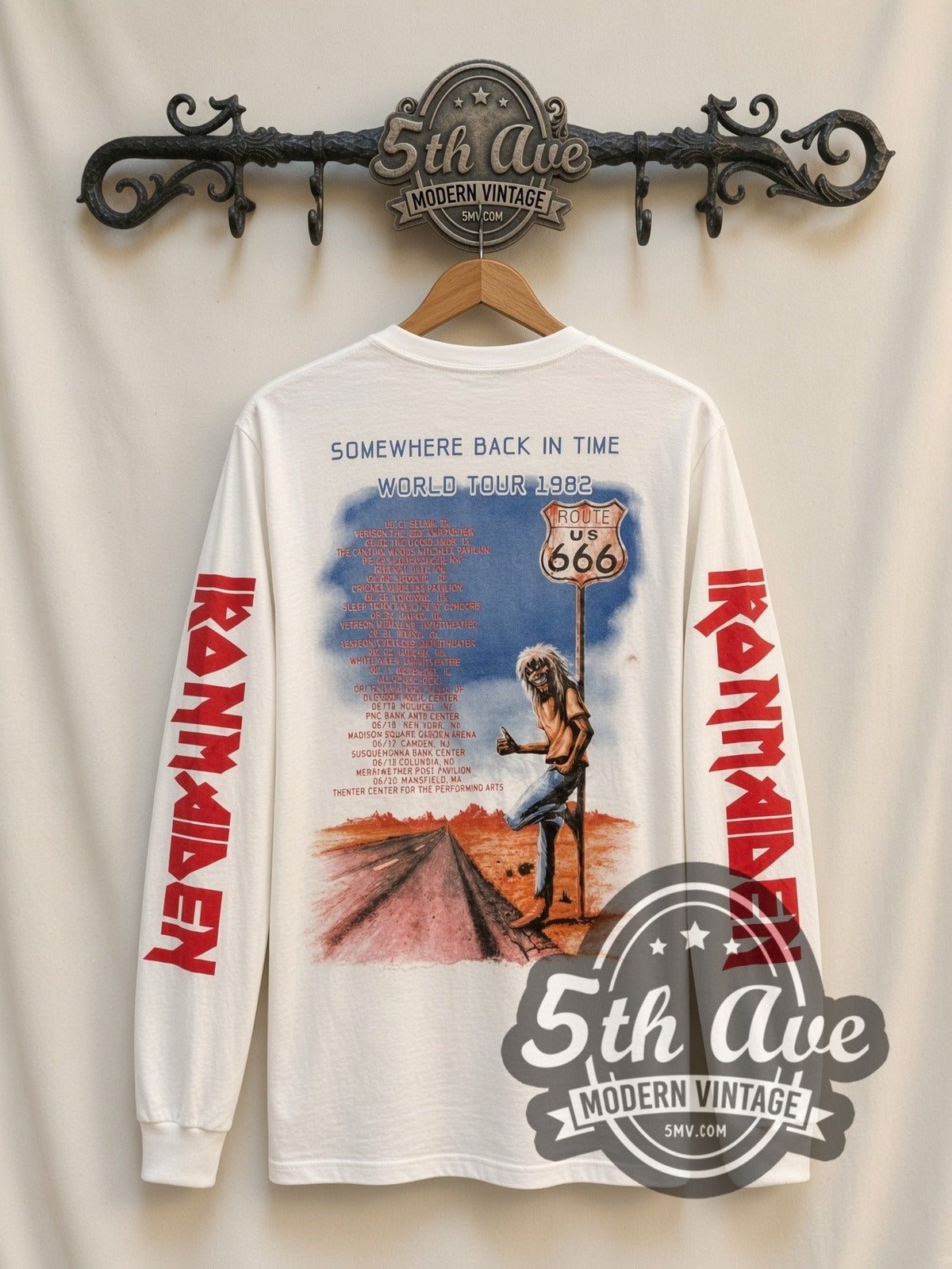 Iron Maiden Eddie Motorcycle vintage band long sleeve t-shirt in white, back view on a display rack