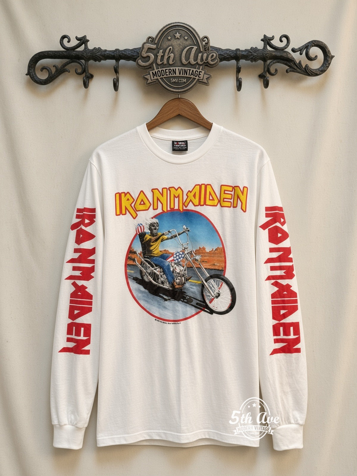 ETS LS 89 Iron Maiden Eddie Motorcycle long sleeve vintage tee on rack, front