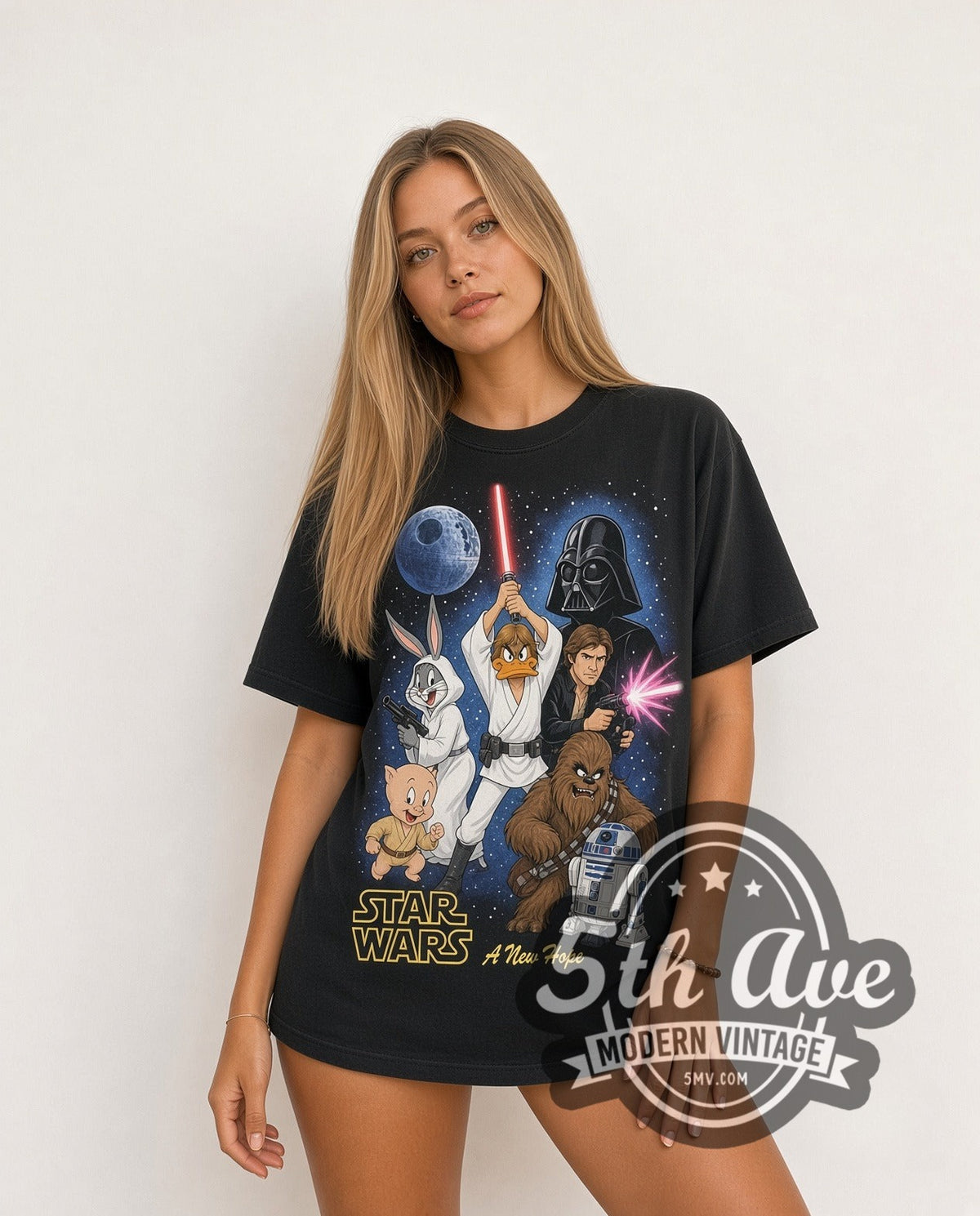 Model wearing the Bugs Bunny and Friends x Star Wars vintage cartoon tee in black