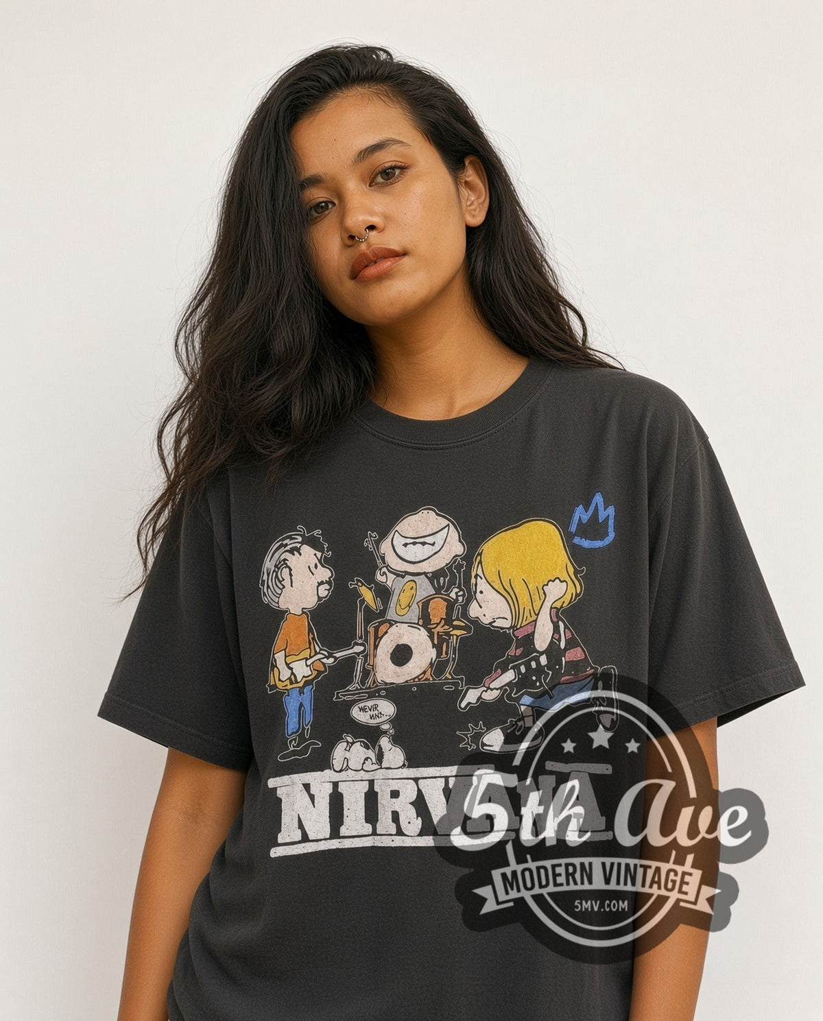 Model wearing the Peanuts Nirvana In Utero x Snoopy vintage cartoon tee in black