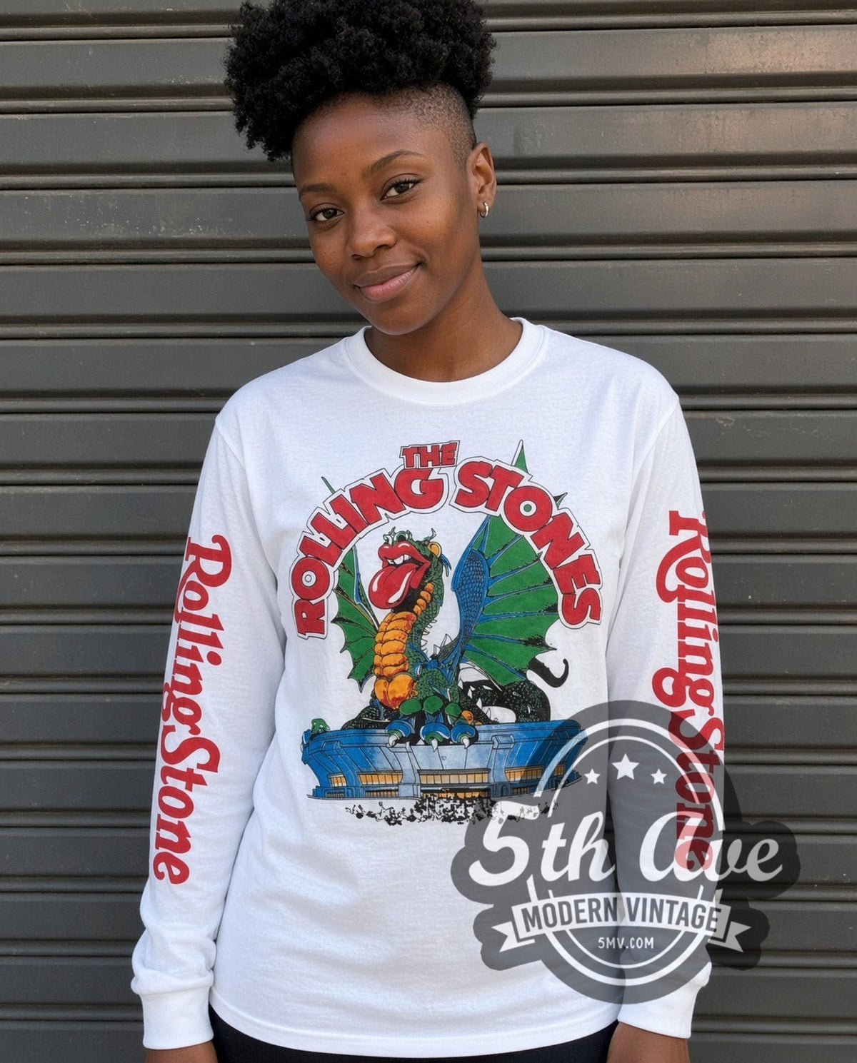 Model wearing The Rolling Stones Dragon vintage band long sleeve t-shirt