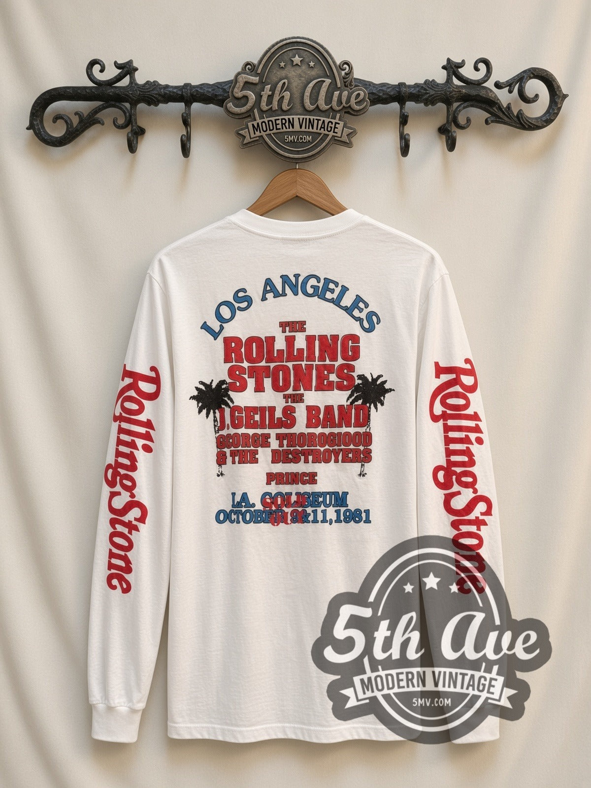 The Rolling Stones Dragon vintage band long sleeve t-shirt, back view on a display rack