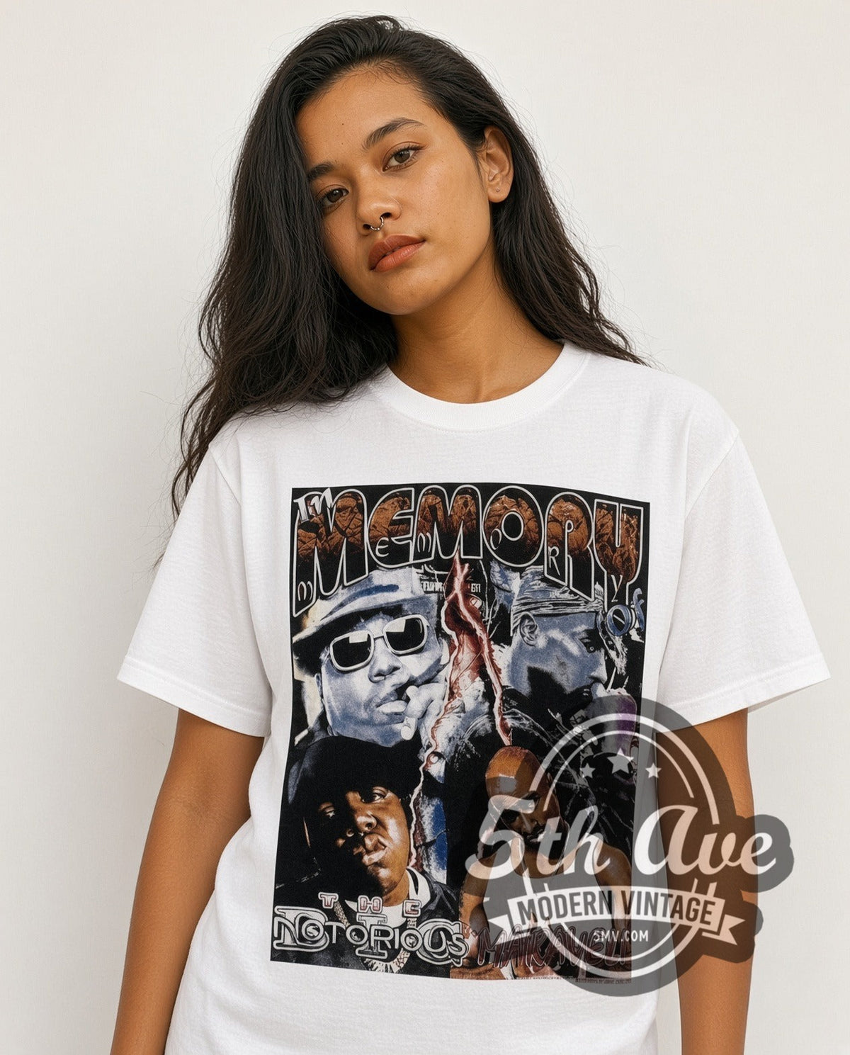 Model wearing The Notorious B.I.G. & Makaveli In Memory Of vintage rap tee in white