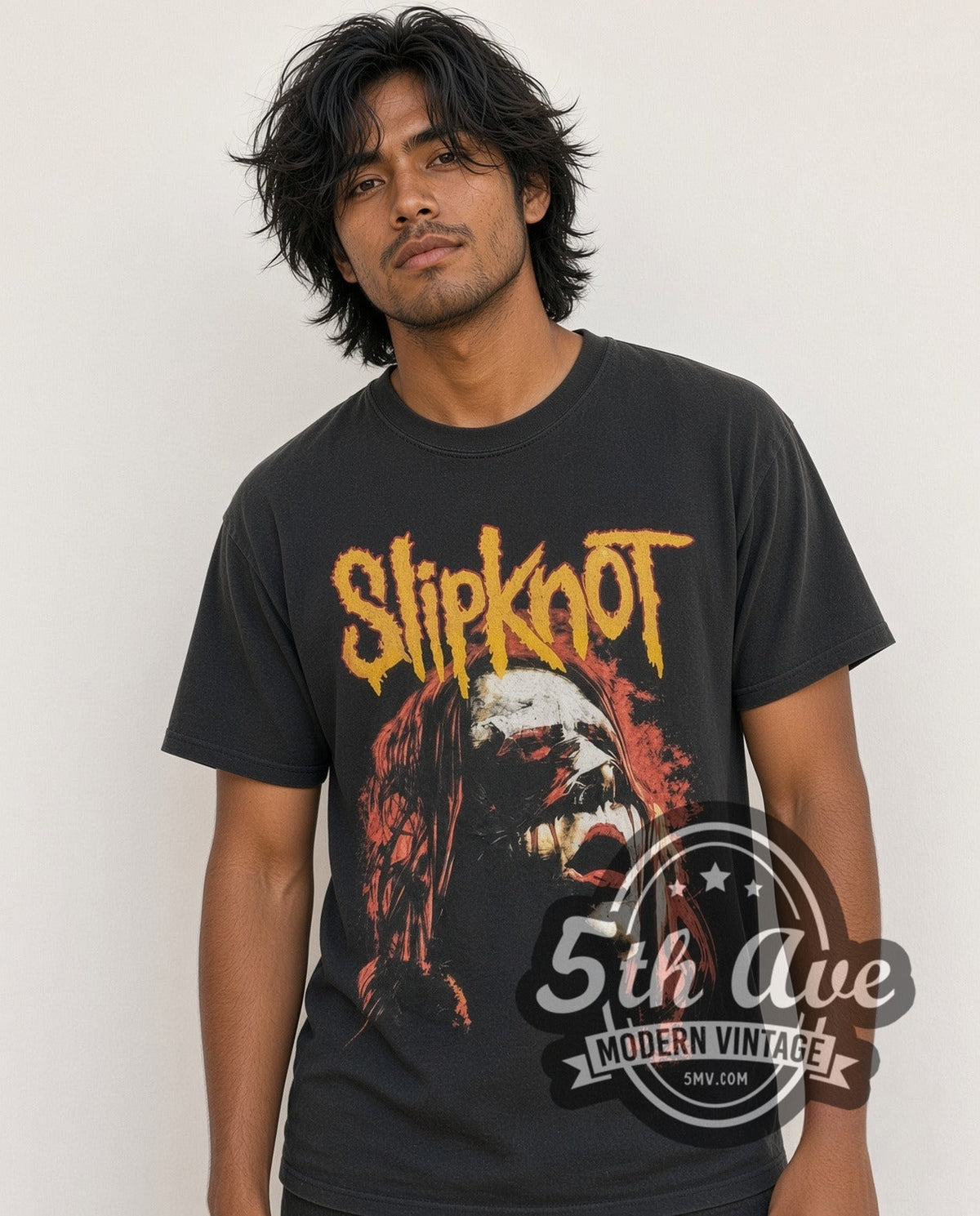 Model wearing the Slipknot Blindfold vintage band t-shirt in black