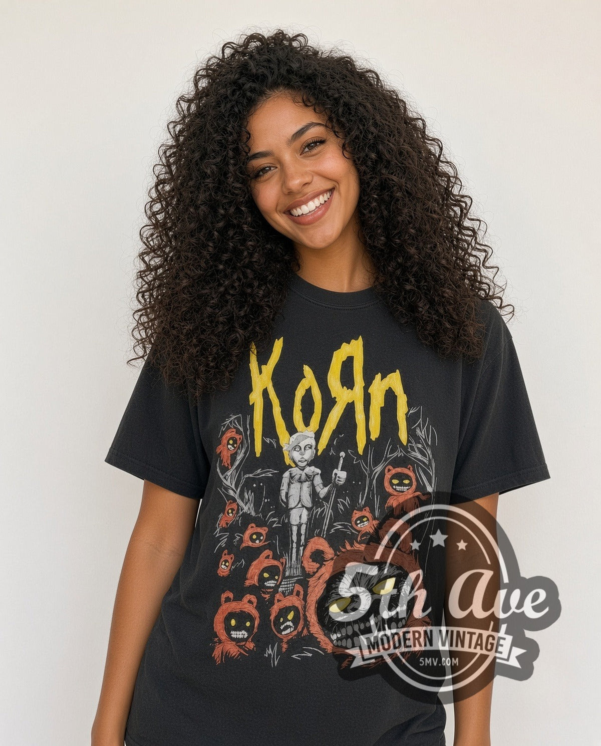 Model wearing the Korn Red Bear Zombie vintage band t-shirt in black