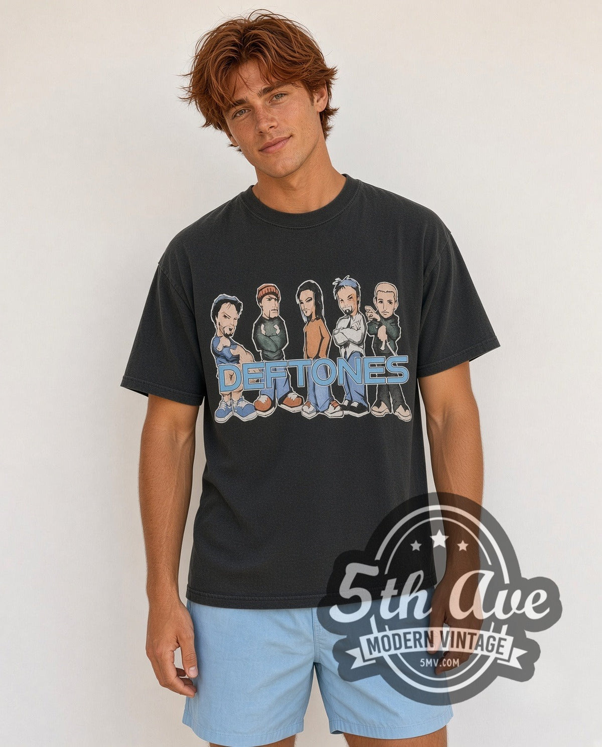Model wearing the Deftones Tour 2001 vintage band t-shirt in black