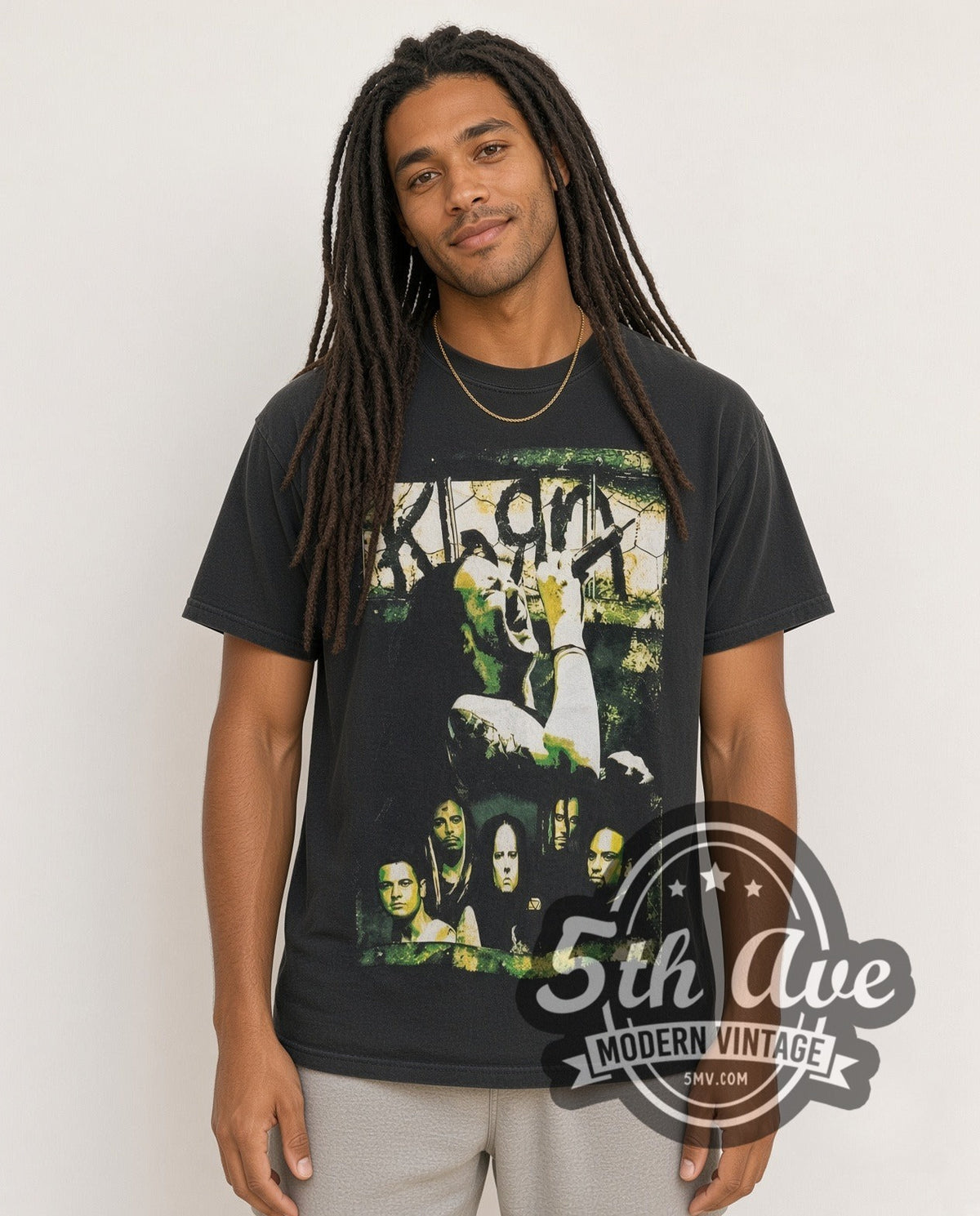 Model wearing the Korn vintage band t-shirt in black