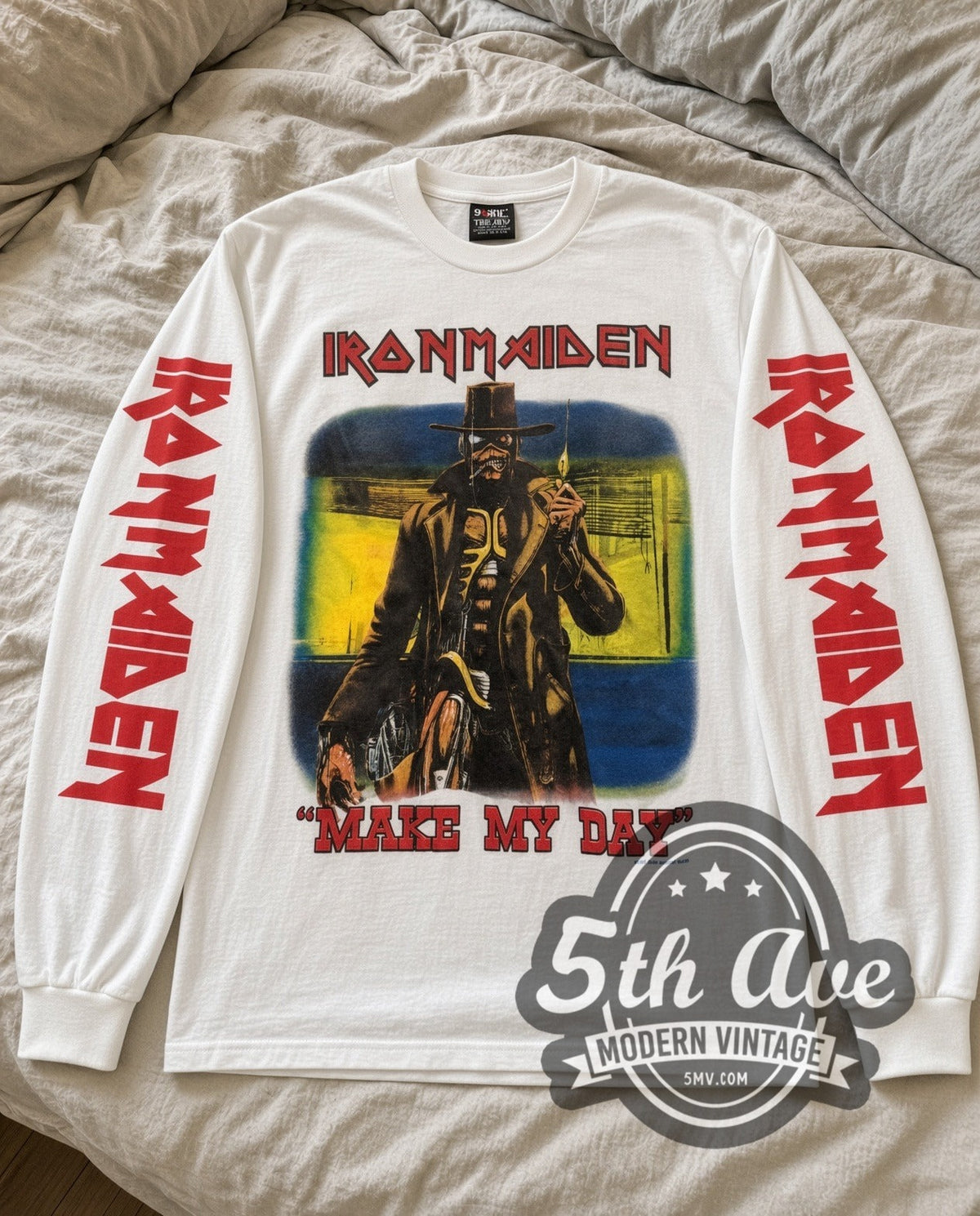Iron Maiden Make My Day vintage band long sleeve tee in white laid flat