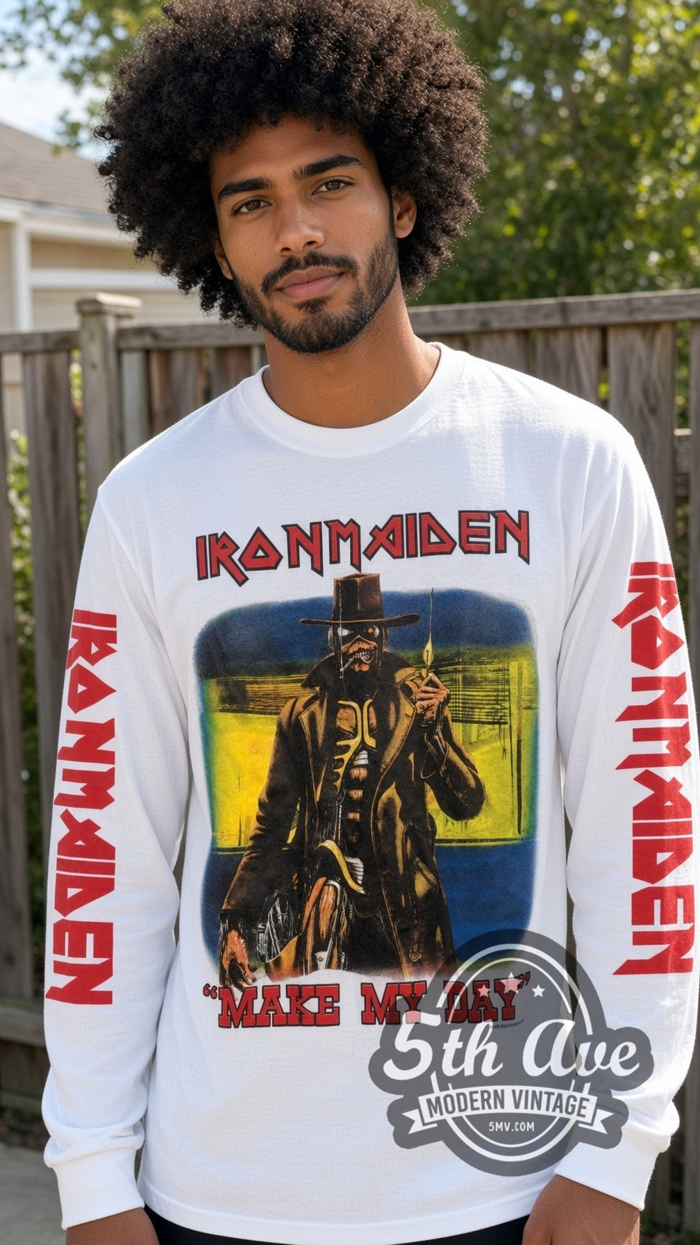 Model wearing the Iron Maiden Make My Day vintage band long sleeve t-shirt in white