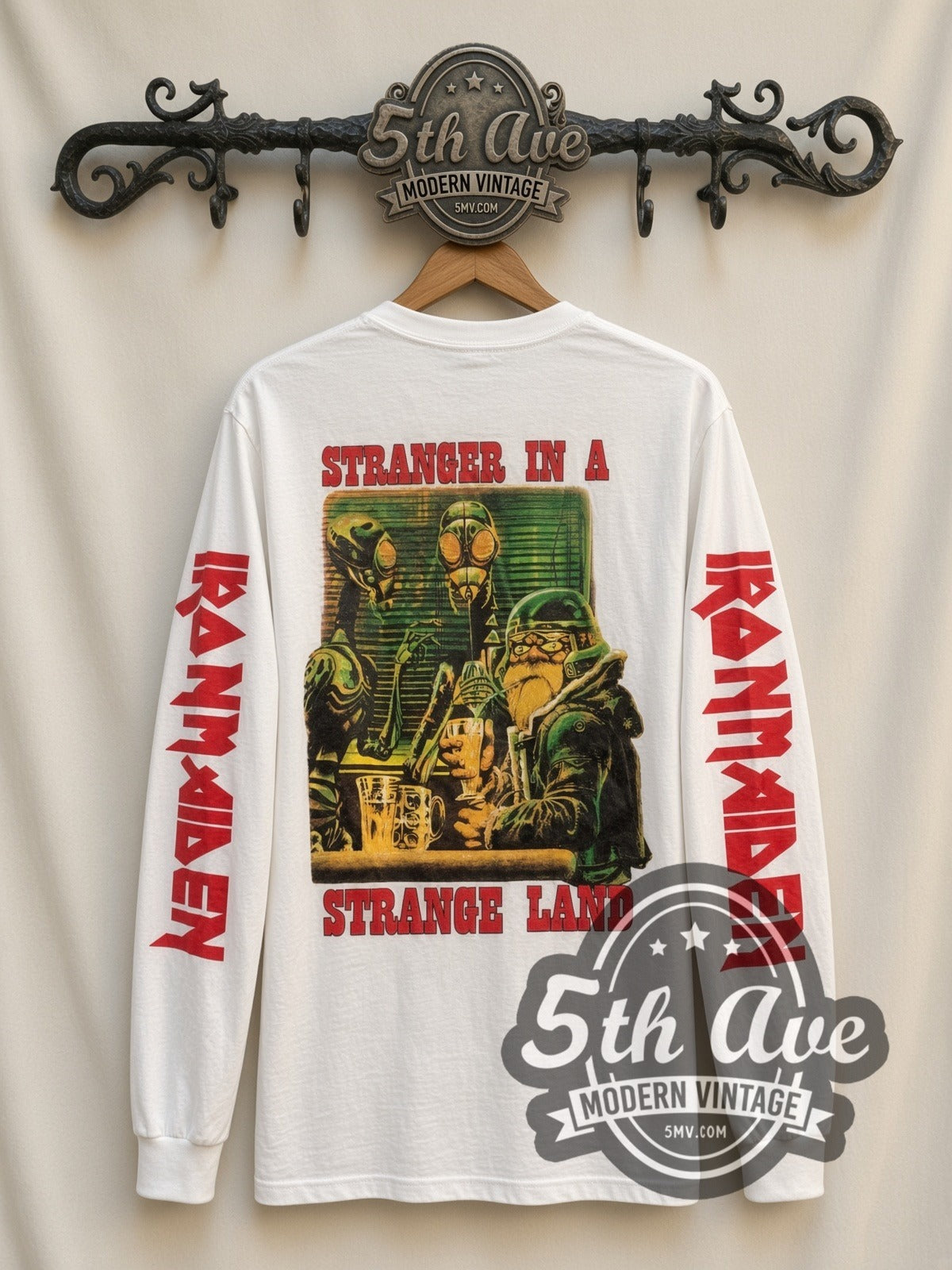 Iron Maiden Make My Day vintage band long sleeve t-shirt in white, back view on the 5MV rack