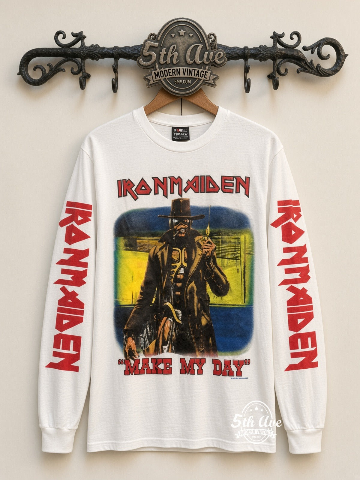 ETS LS 91 Iron Maiden Make My Day long sleeve vintage tee on rack, front