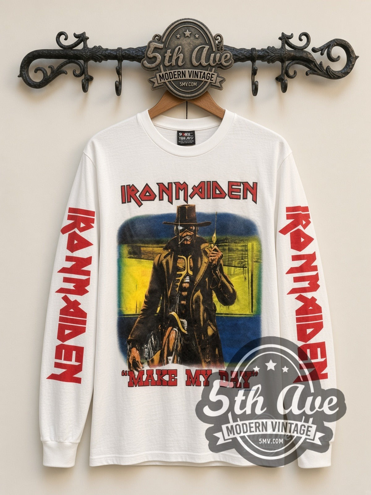 Iron Maiden Make My Day vintage band long sleeve t-shirt in white, front view on the 5MV rack