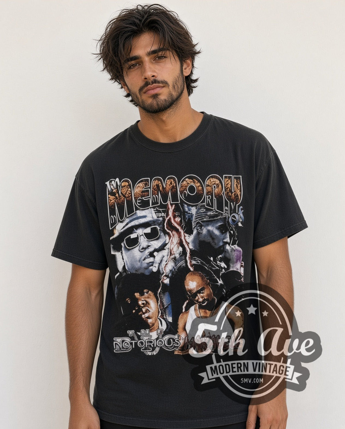 Model wearing The Notorious B.I.G. & Makaveli In Memory Of vintage rap tee in black