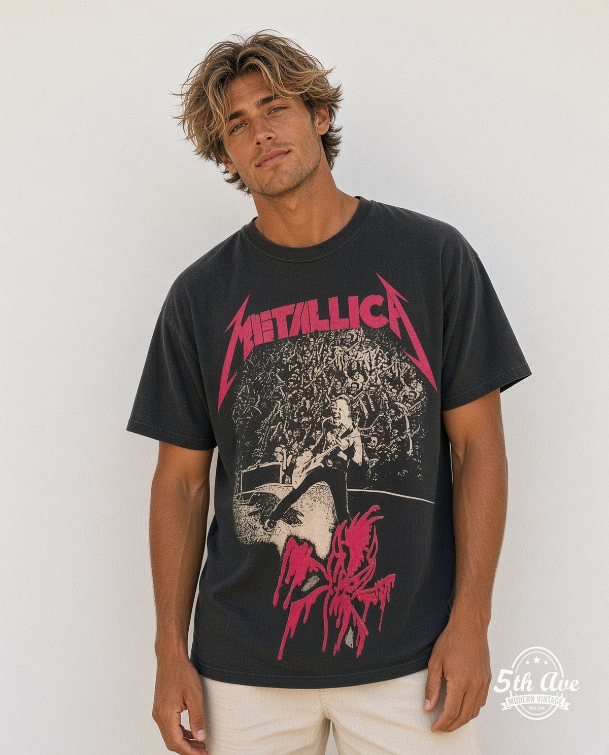 Model wearing the Metallica Stage Right all-over-print vintage band t-shirt in black