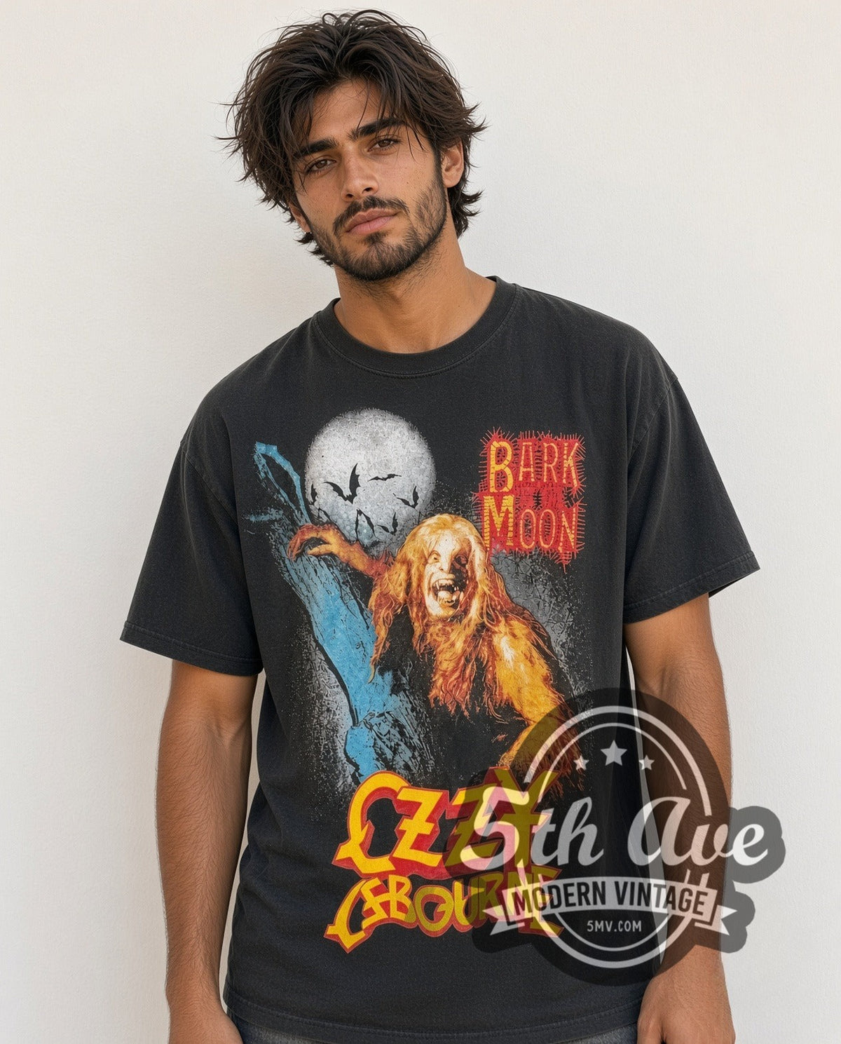 Model wearing the Ozzy Osbourne Bark at the Moon vintage band t-shirt in black
