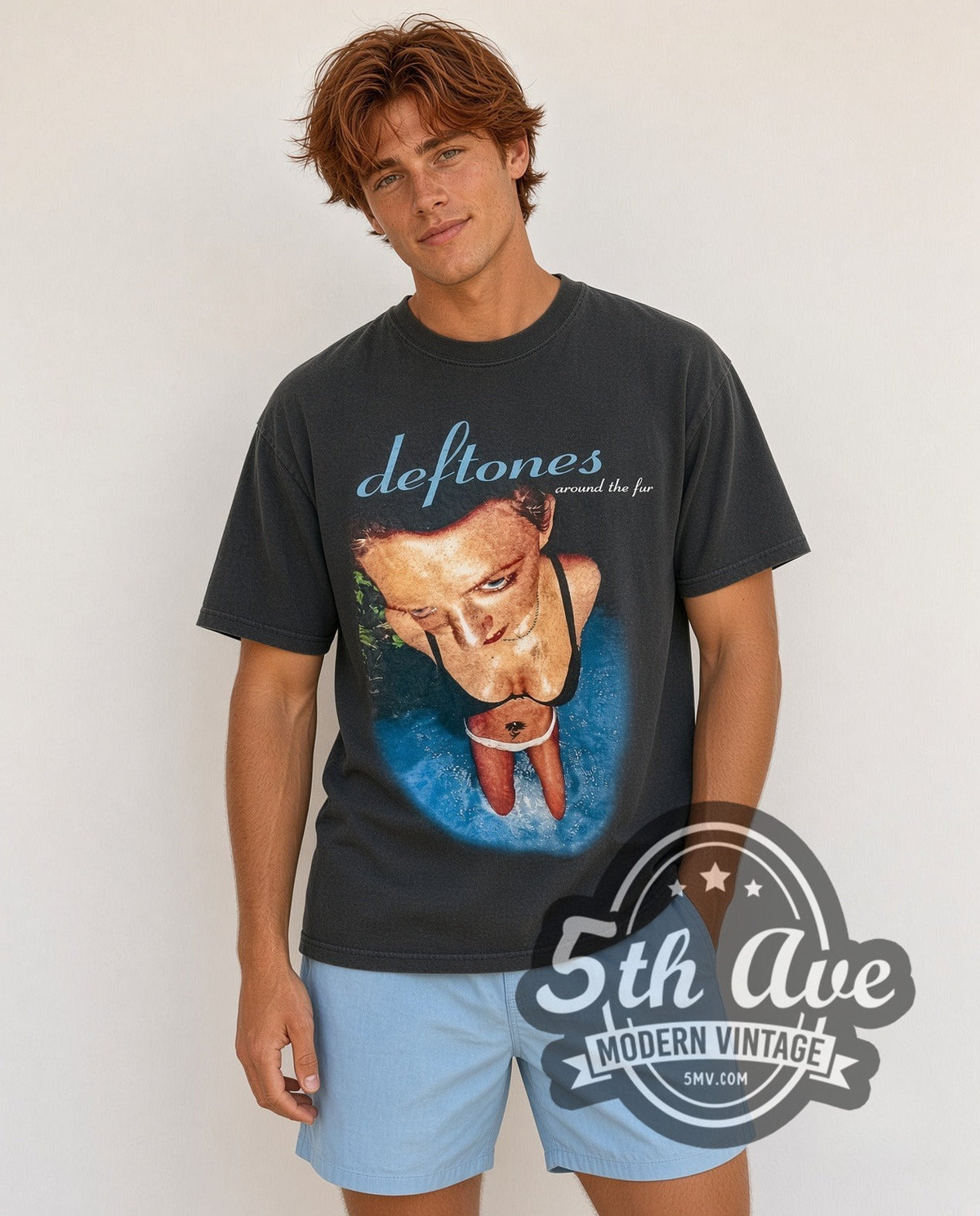 Model wearing the Deftones "Around The Fur" vintage band t-shirt in black