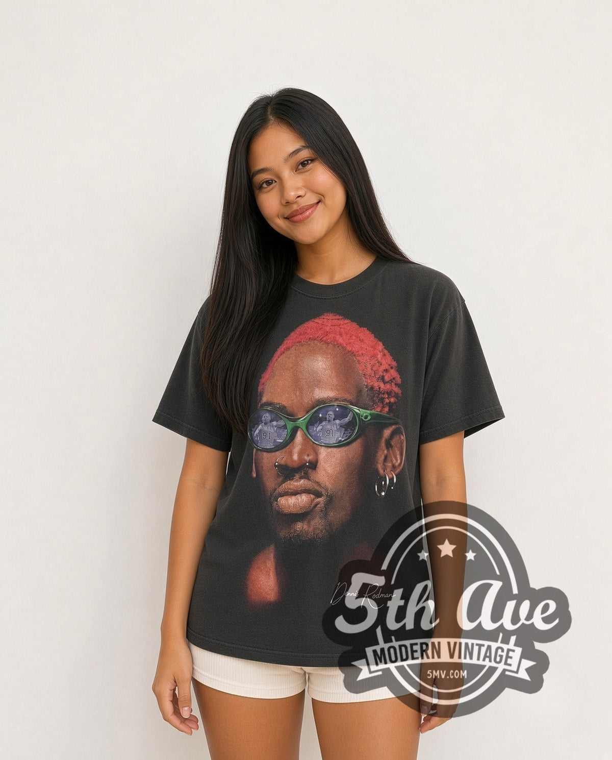 Model wearing the Dennis Rodman Tired Of Blending In With The Crowd? all-over-print vintage basketball tee in black