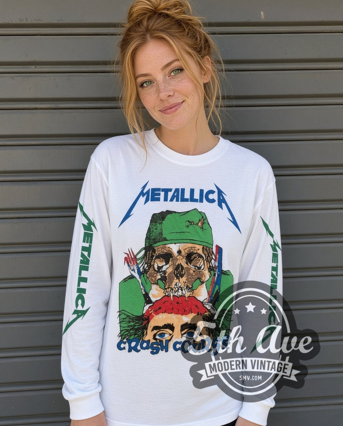 Model wearing the Metallica Crash Course vintage band long sleeve t-shirt