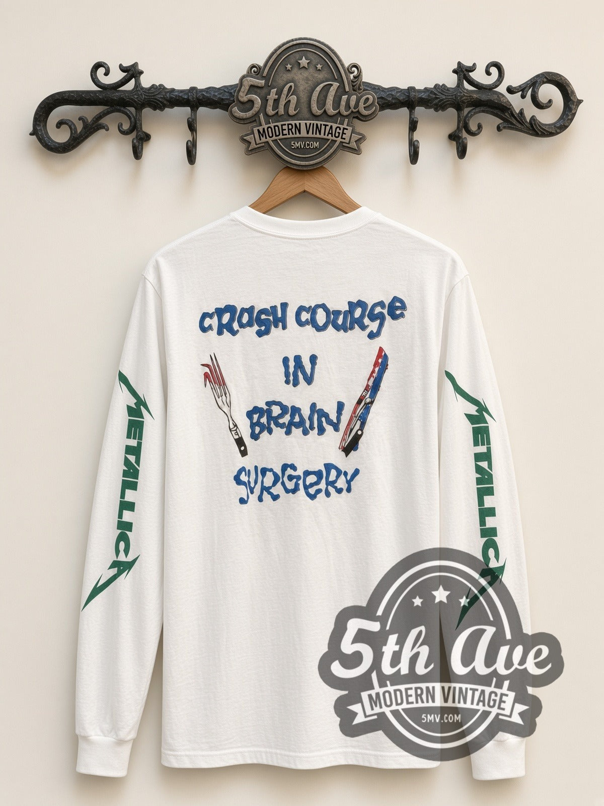 Metallica Crash Course vintage band long sleeve t-shirt, back view on a display rack