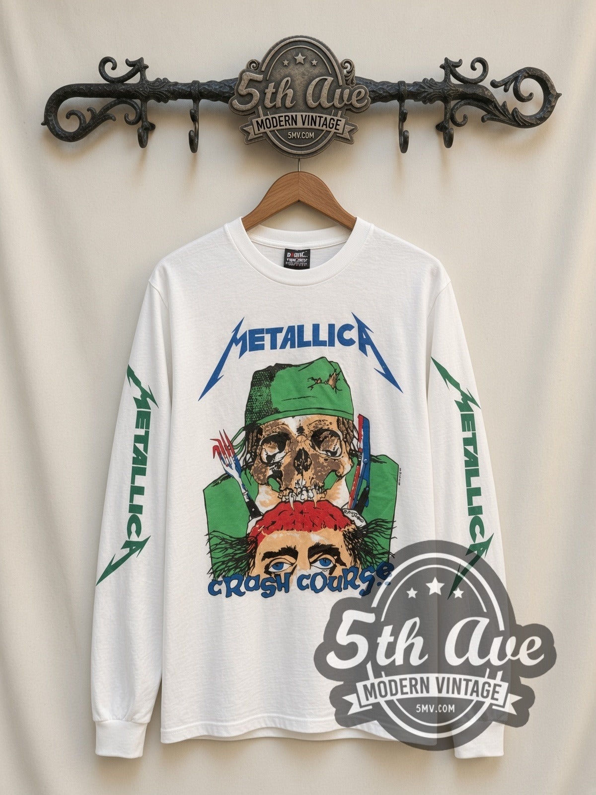 Metallica Crash Course vintage band long sleeve t-shirt, front view on a display rack