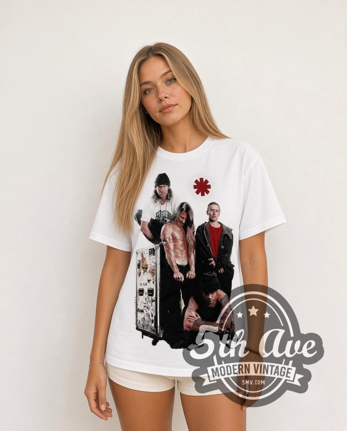 Model wearing the Red Hot Chili Peppers Asterisk Band vintage band t-shirt in white
