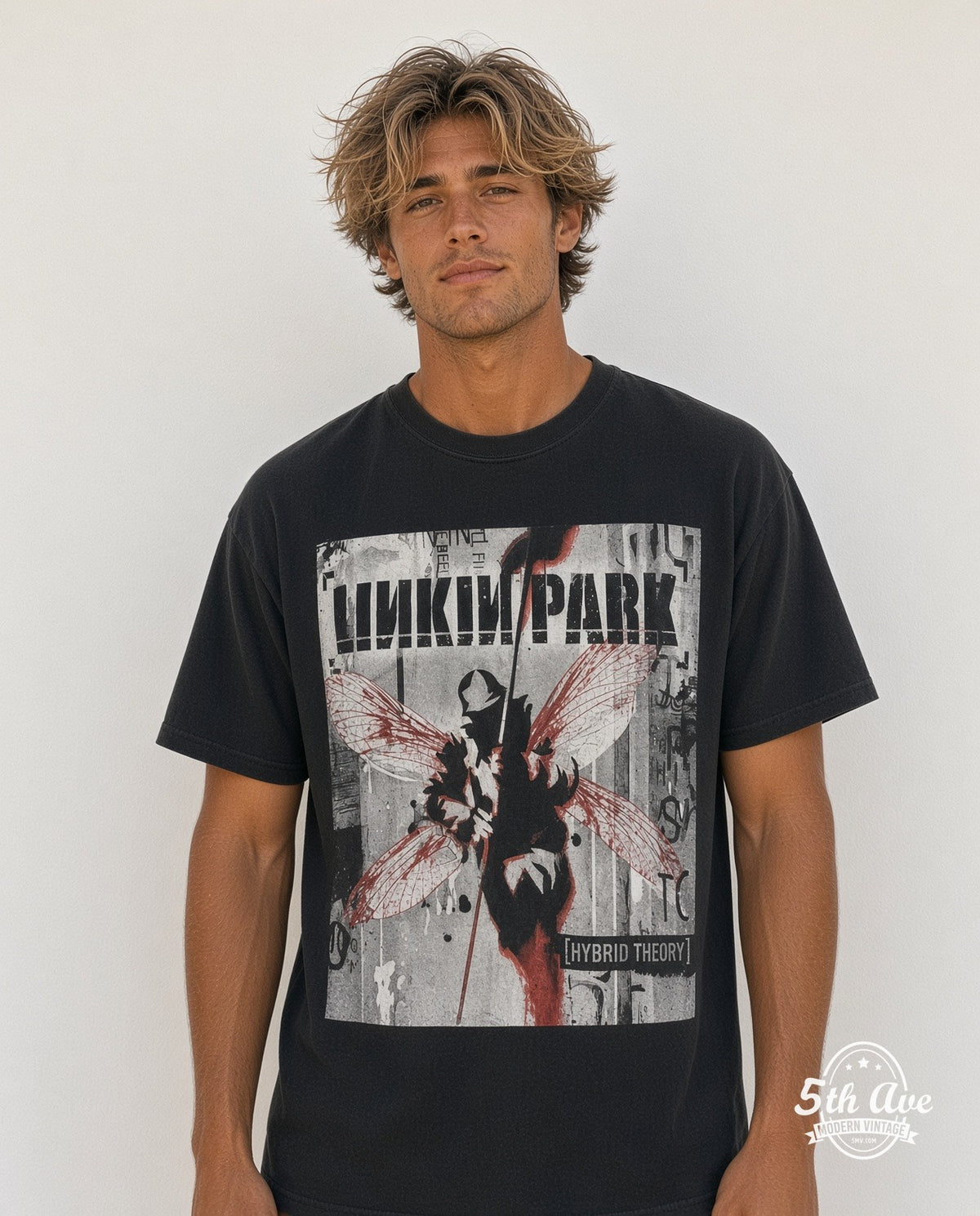 Model wearing the Linkin Park Hybrid Theory Soldier Red Flag vintage band t-shirt in black