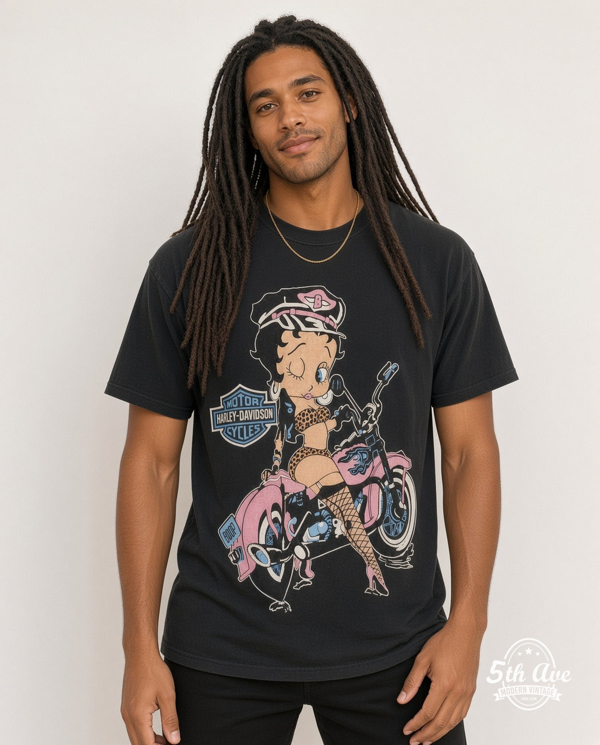 Model wearing the Betty Boop Harley Davidson graphic tee in black