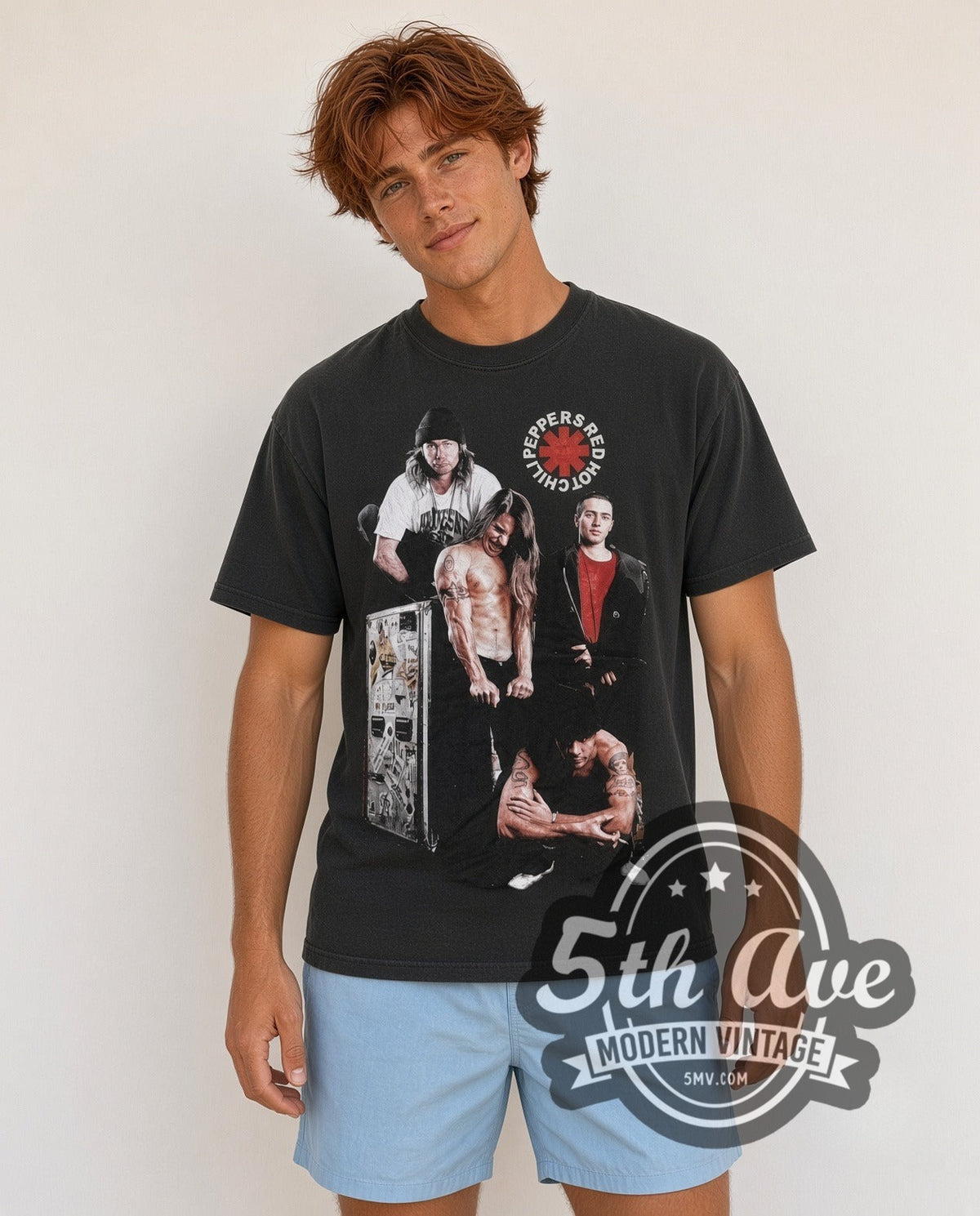 Model wearing the Red Hot Chili Peppers Asterisk Band vintage band t-shirt in black
