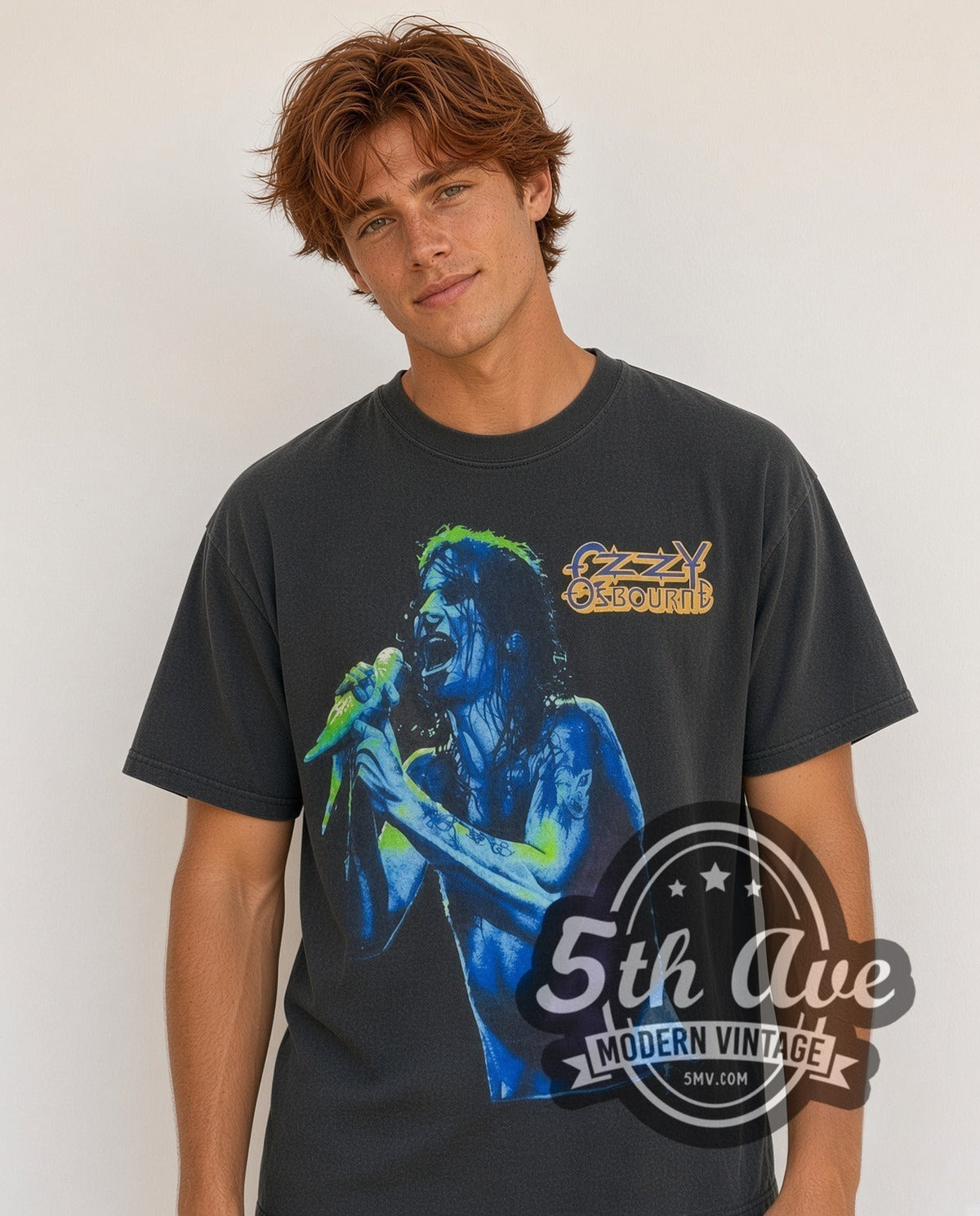 Model wearing the Ozzy Osbourne Dove Mic Blue Portrait Severed Head vintage band t-shirt in black