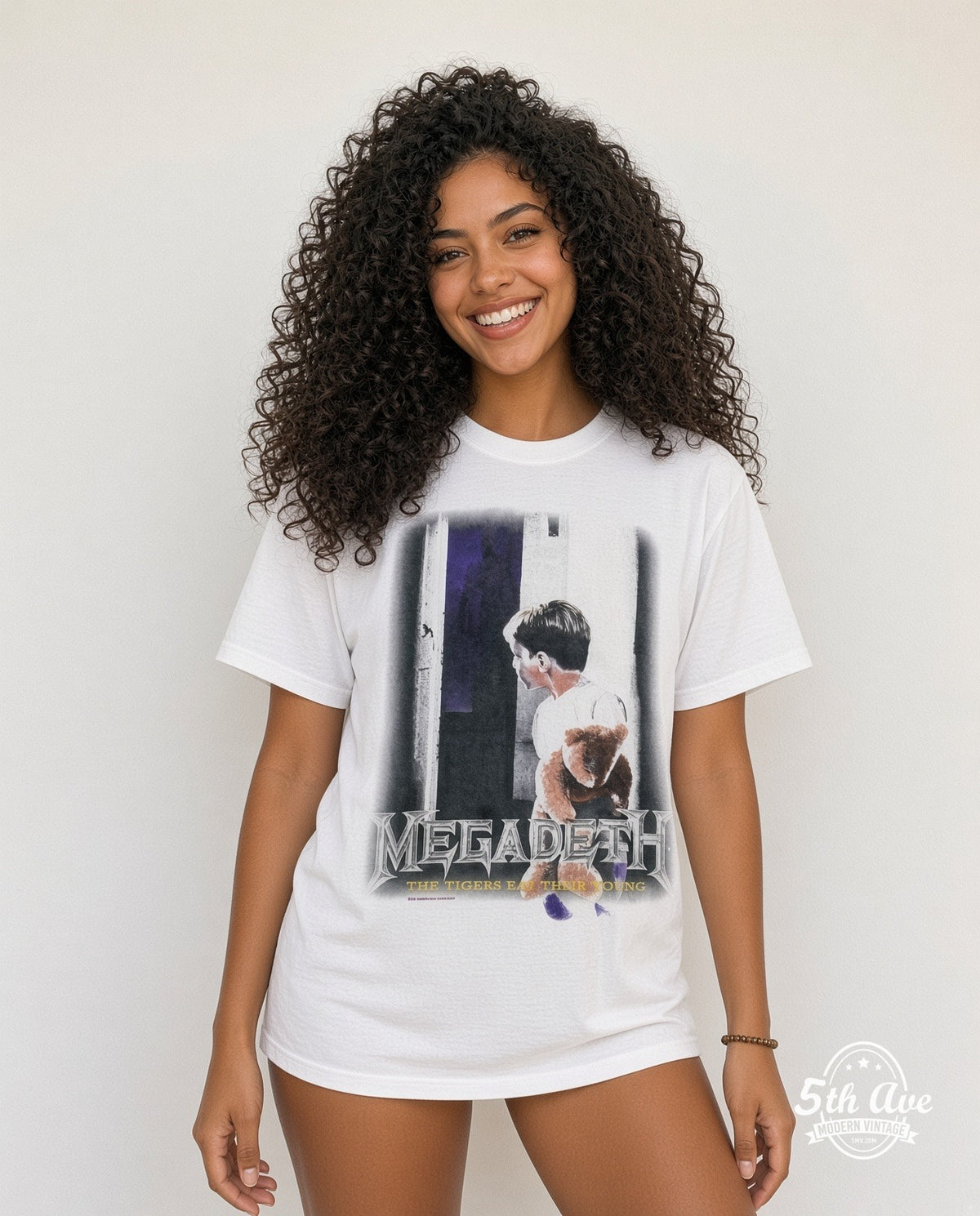 Model wearing Megadeth The Tigers Eat Their Young White vintage band tee