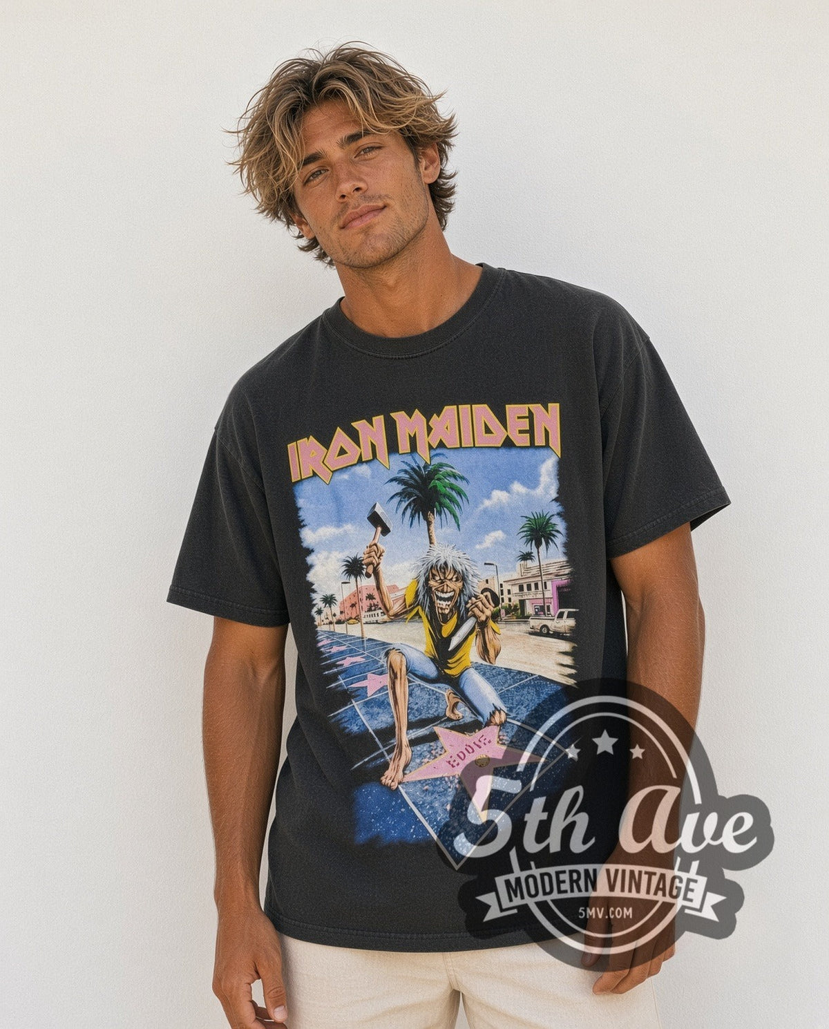 Model wearing the Iron Maiden Los Angeles' The Forum 2008 vintage band t-shirt in black