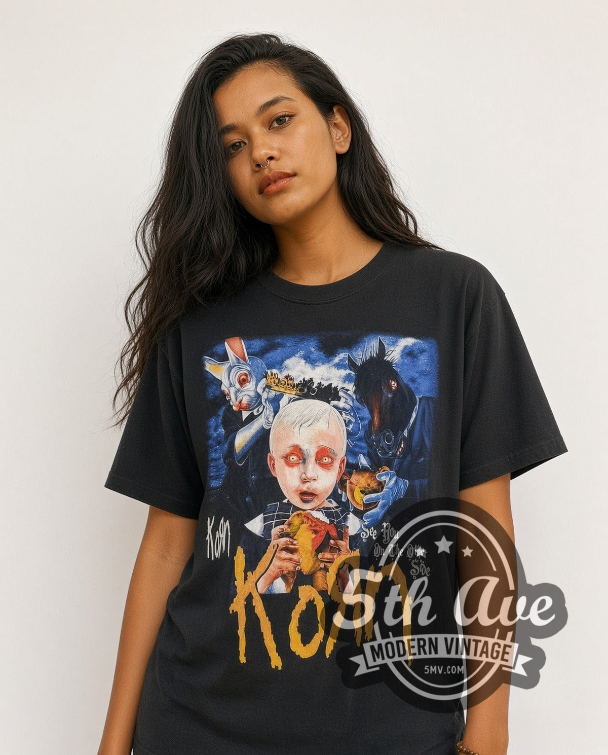 Model wearing the Korn See You on the Other Side Tour' 2006 vintage band t-shirt in black