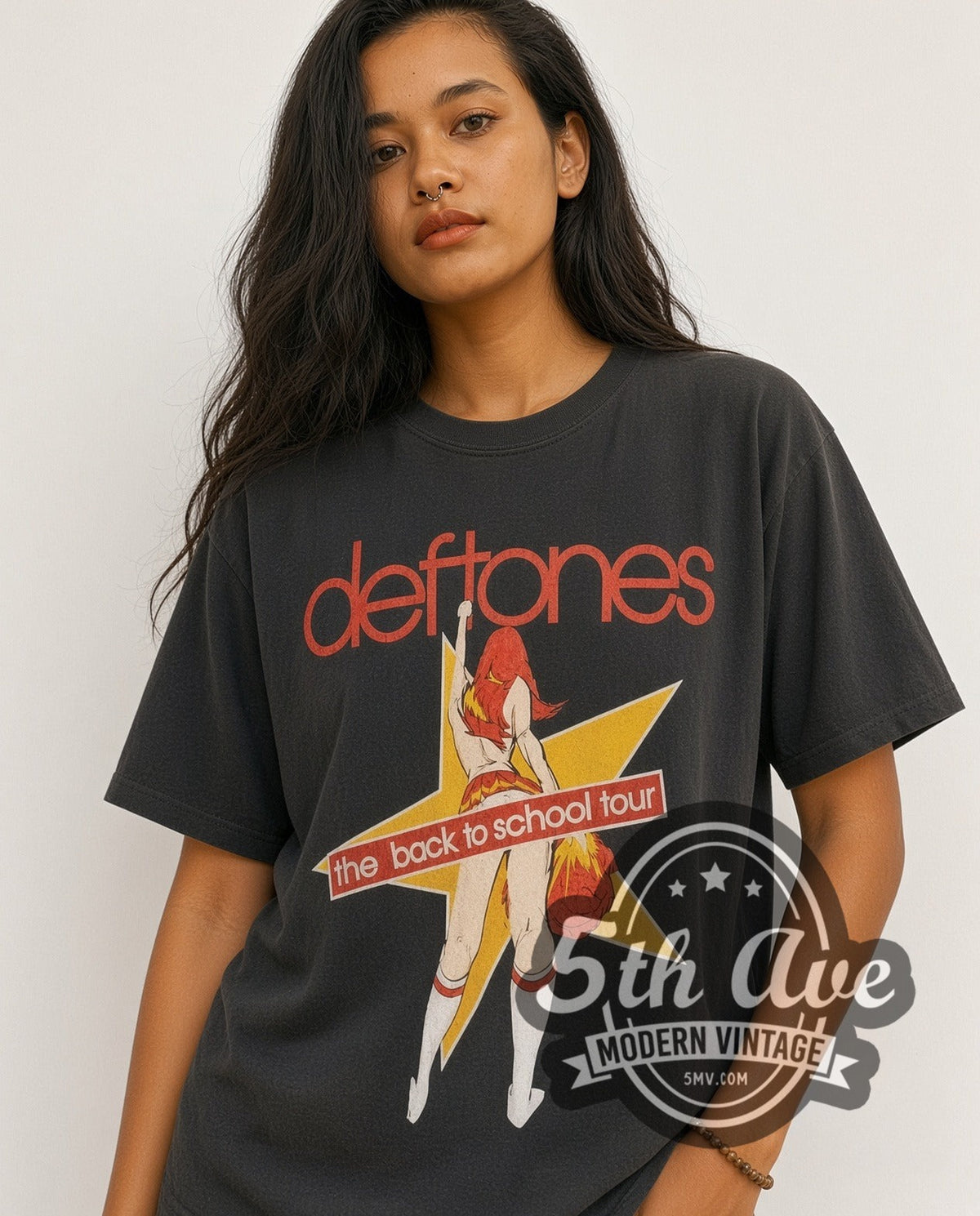 Model wearing the Deftones The Back to School Tour B2S vintage band t-shirt in black