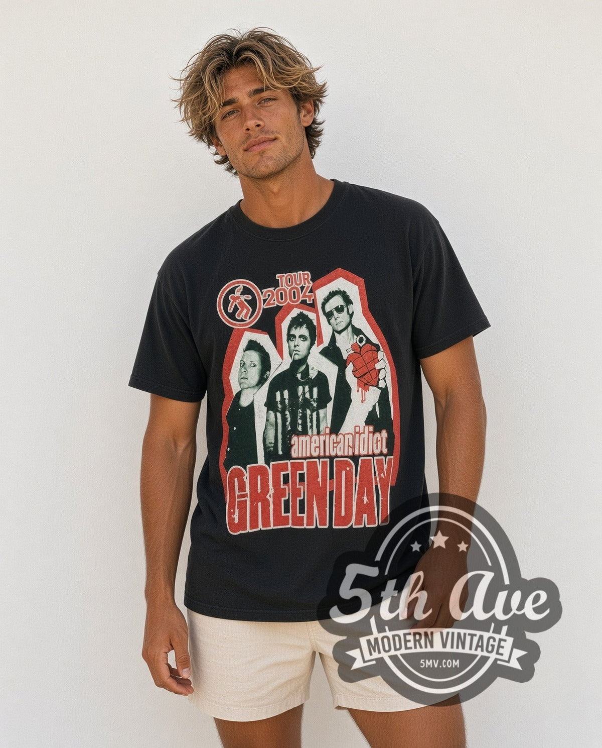 Model wearing the Green Day American Idiot Tour 2004 vintage band t-shirt in black