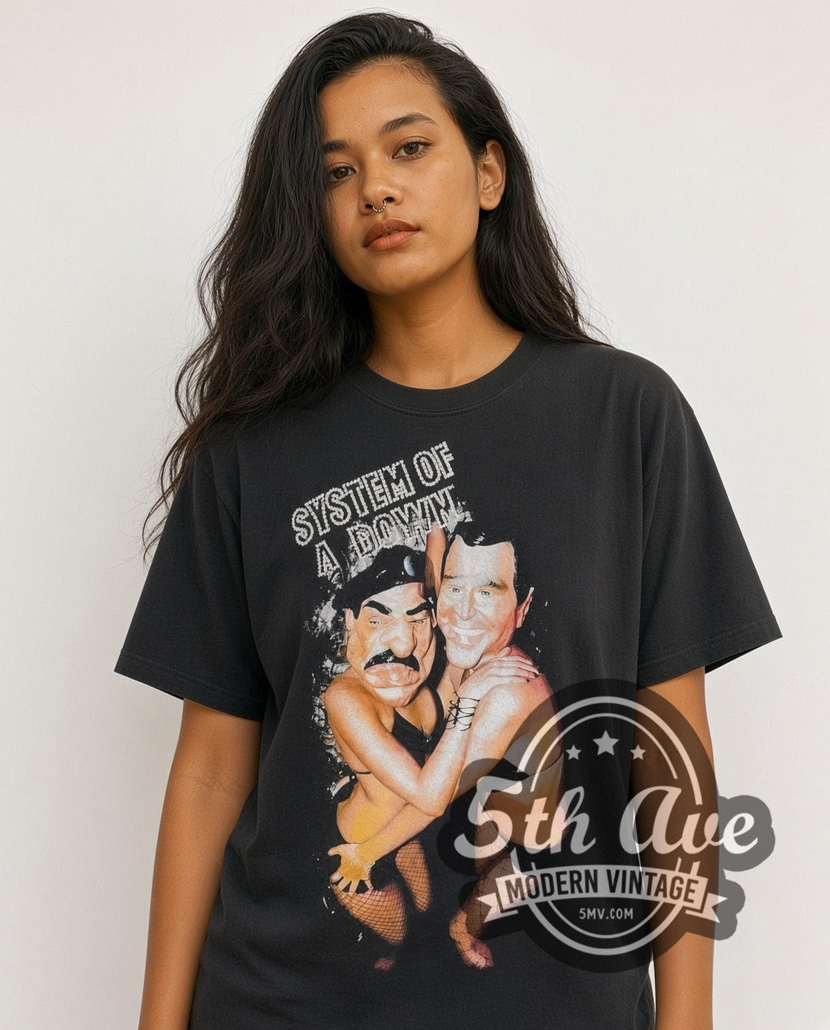 Model wearing the System of a Down Bush and Saddam Party vintage band t-shirt in black