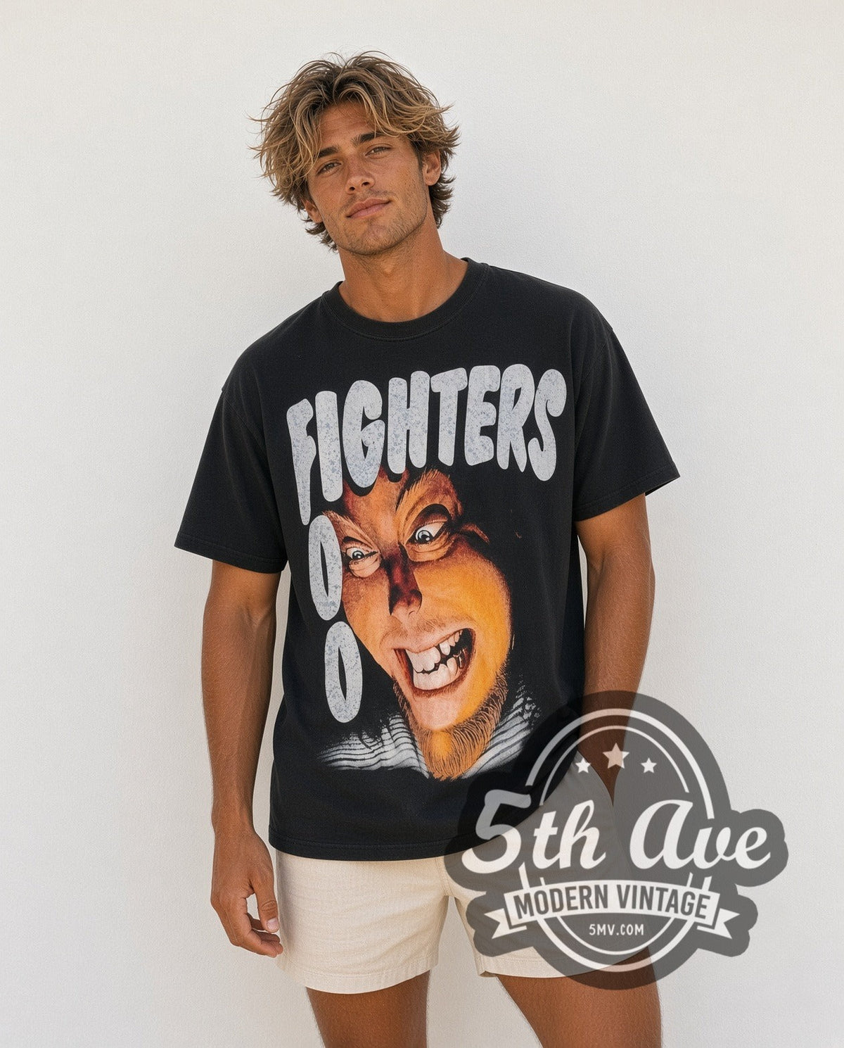 Model wearing the Foo Fighters Exhausted vintage band t-shirt in black