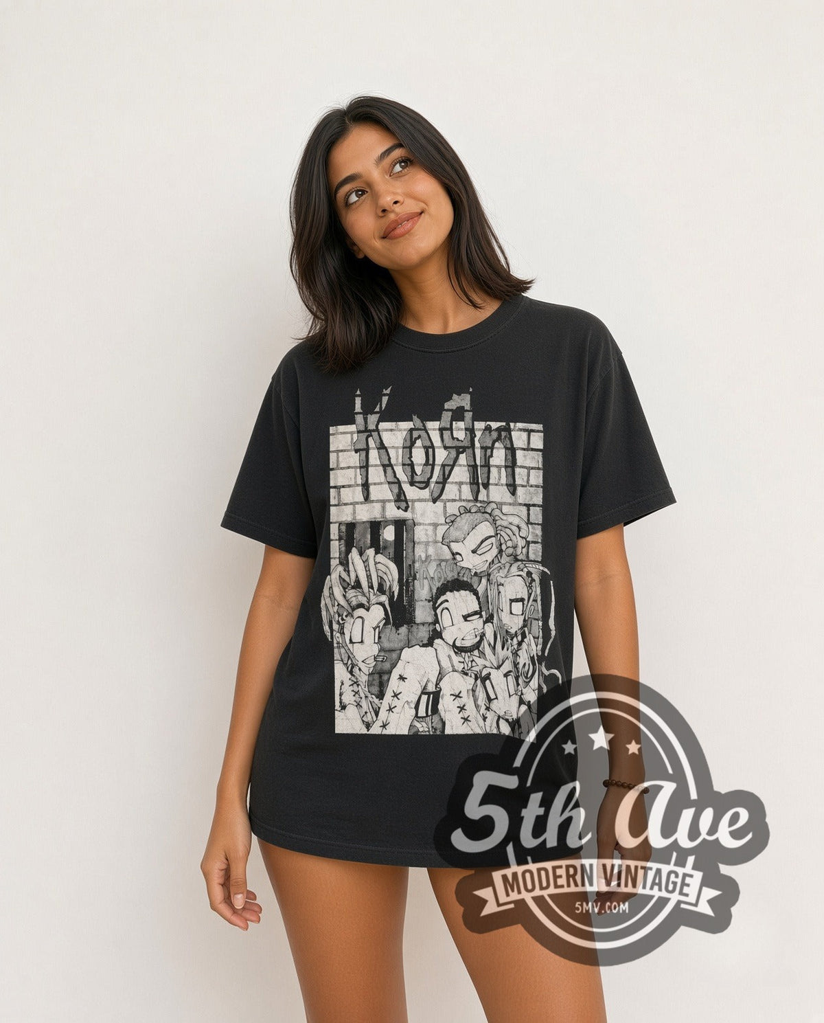 Model wearing the Korn Sick and Twisted Tour 2000 (Monochrome) vintage band t-shirt in black