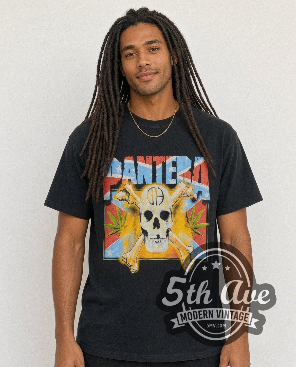 Model wearing the Pantera The Real Steel Tour 2001 vintage band t-shirt in black