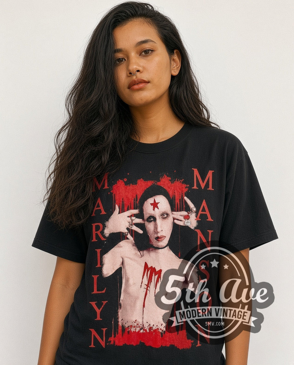 Model wearing the Marilyn Manson All Album List vintage band t-shirt in black