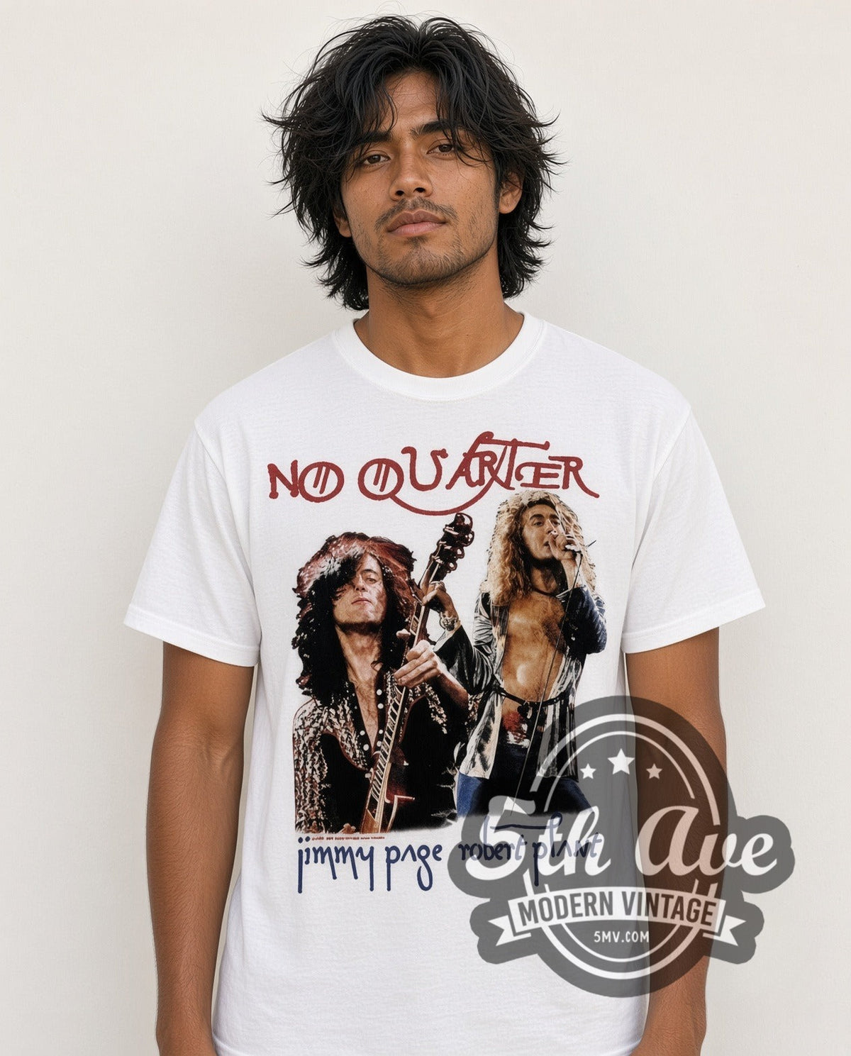 Model wearing the Jimmy Page No Quarter vintage band t-shirt in white